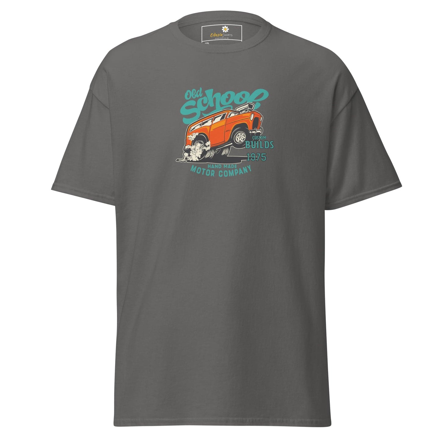 Gray t-shirt with car graphic.