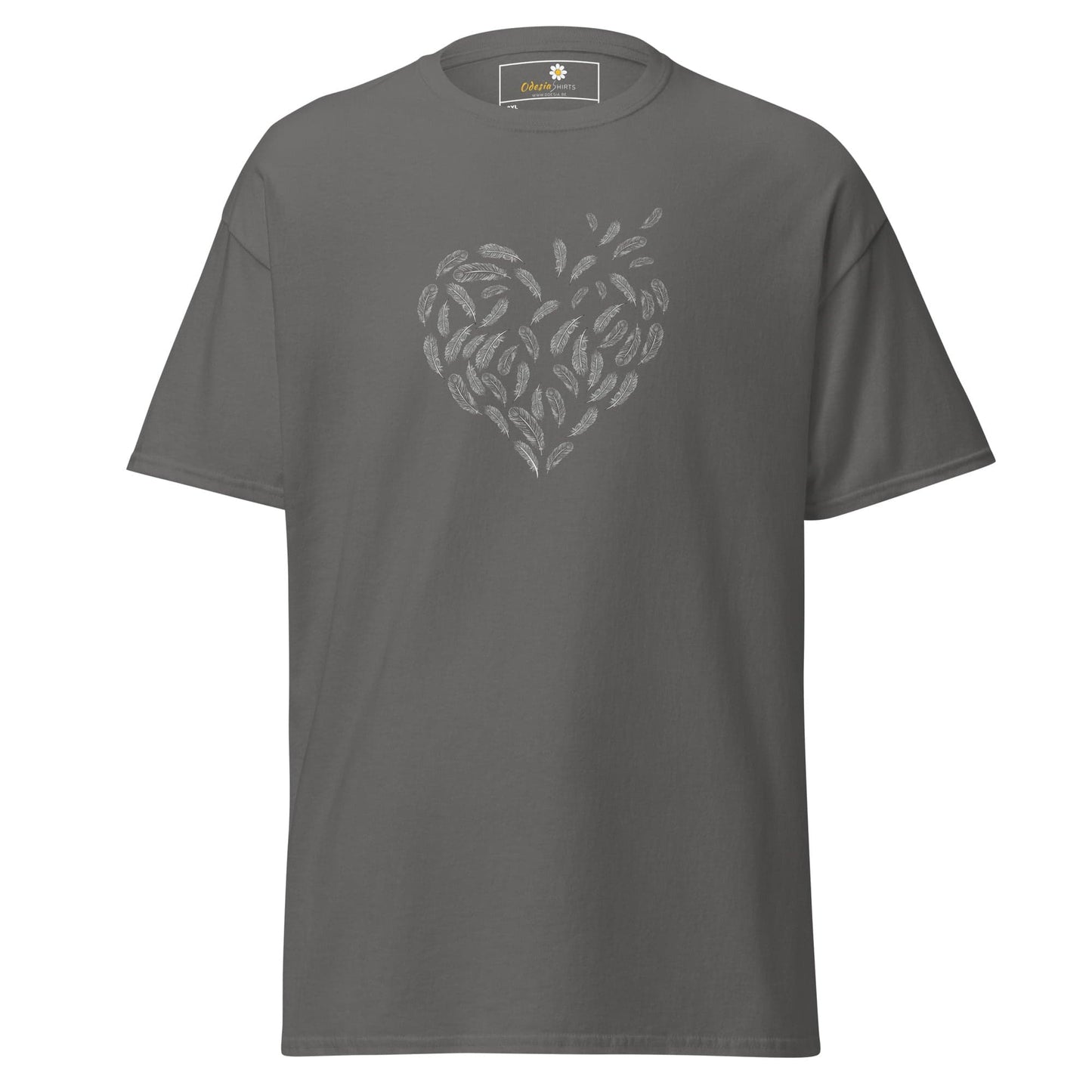 Gray T-shirt featuring a feather heart design for Men and Women in 2XL to 5XL sizes