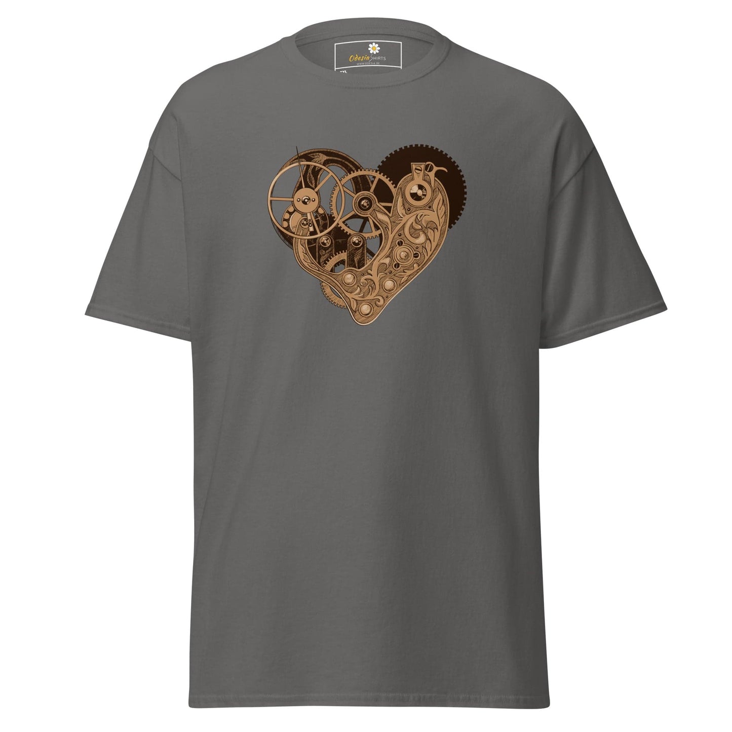 Gray T-shirt with steampunk heart design for men and women in 2XL to 5XL sizes