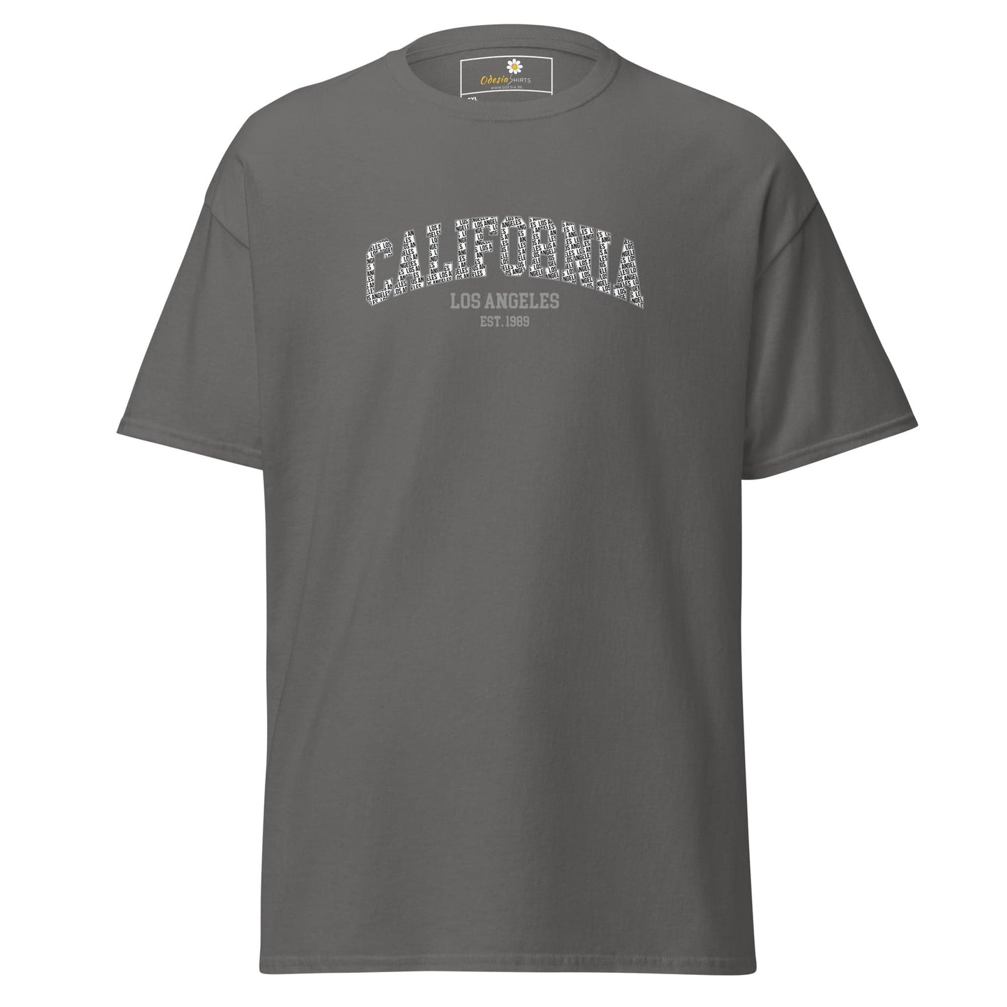 Gray t-shirt with ’California’ and ’Los Angeles’ text.