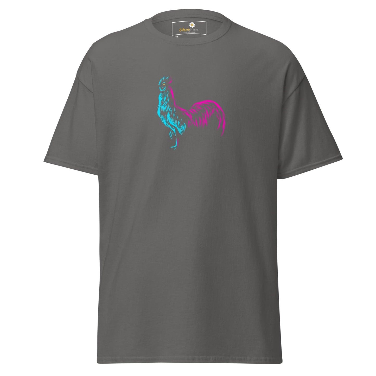 Gray T-shirt with a rooster design, available in men’s and women’s sizes 2XL to 5XL