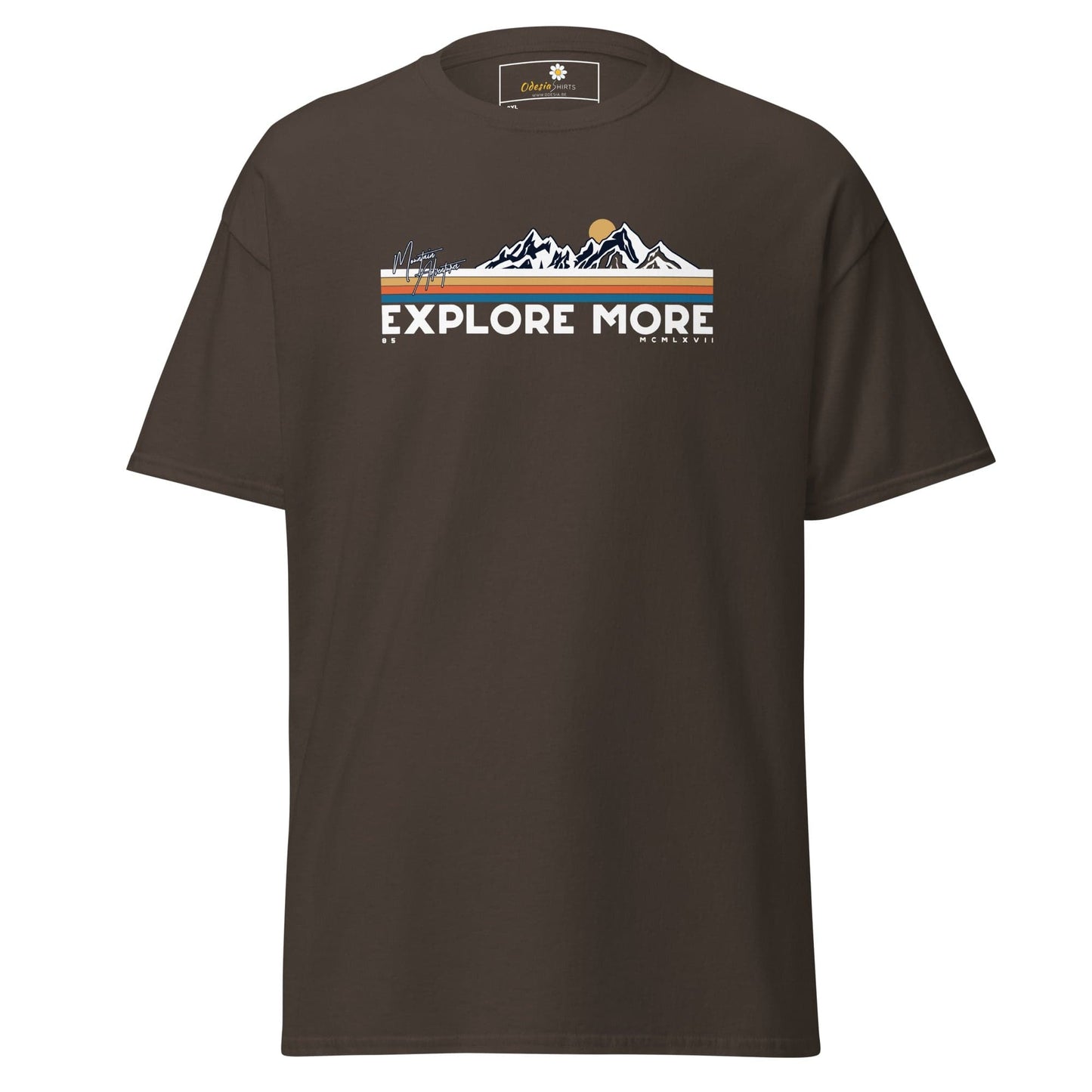 Brown t-shirt with mountain graphic.
