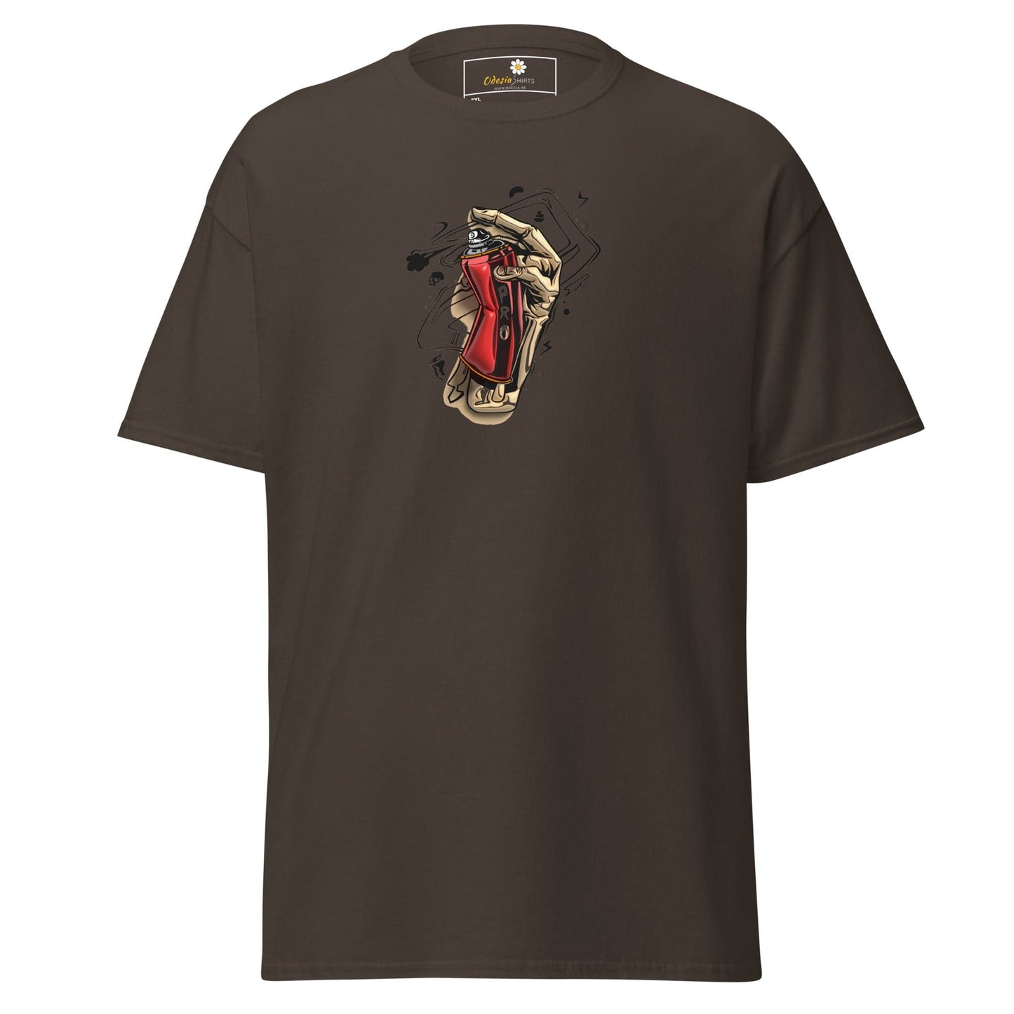 Brown t-shirt with graphic.