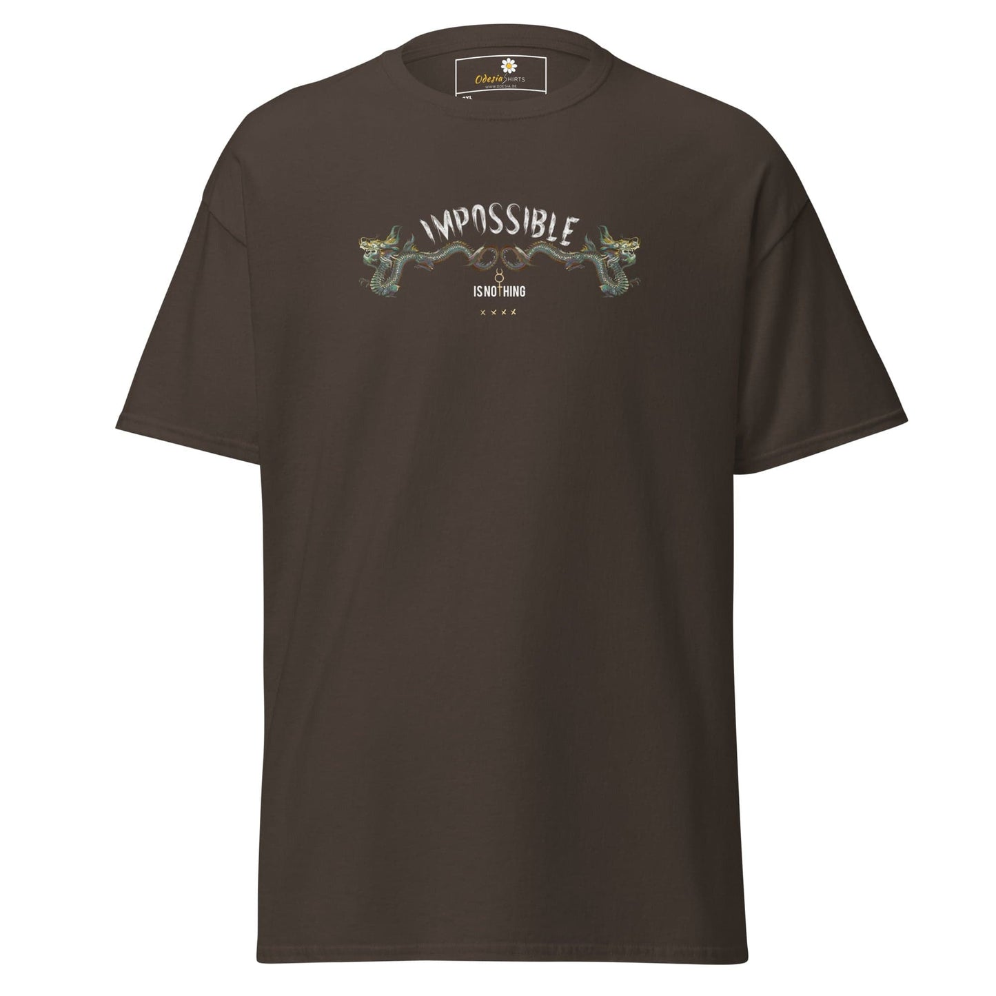 Brown graphic t-shirt.