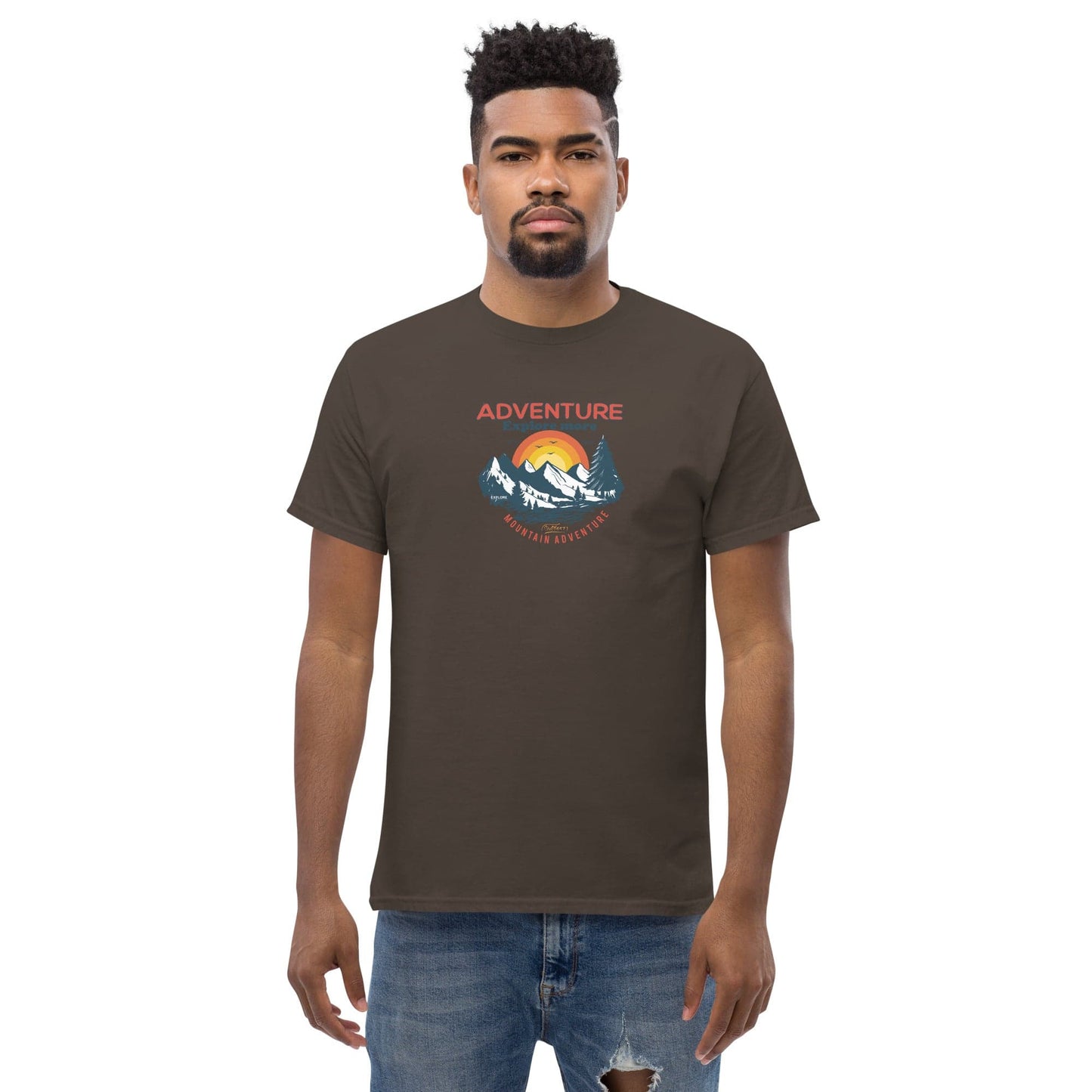Brown t-shirt with mountain graphic.