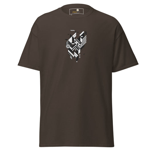 Brown t-shirt with geometric design.