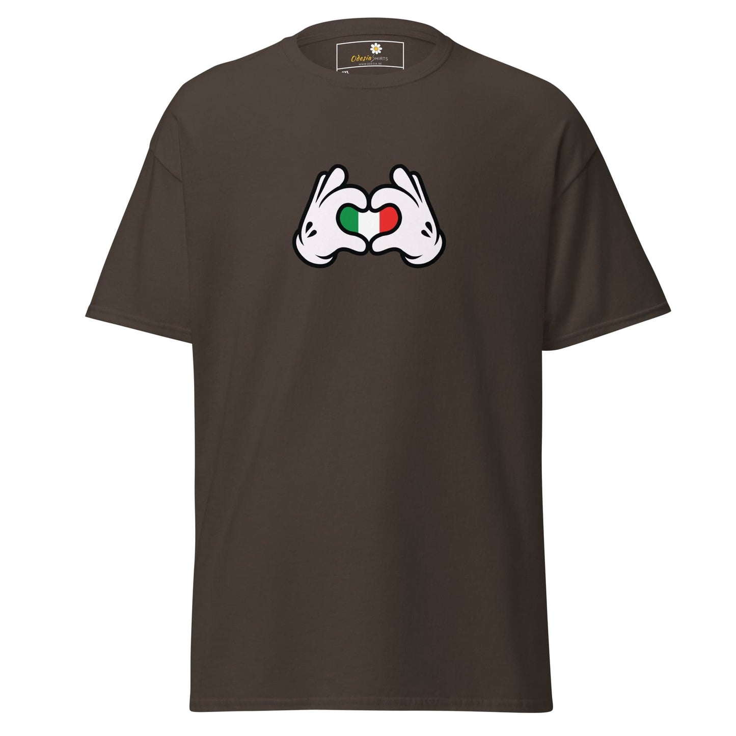 Brown t-shirt with heart-shaped hands.