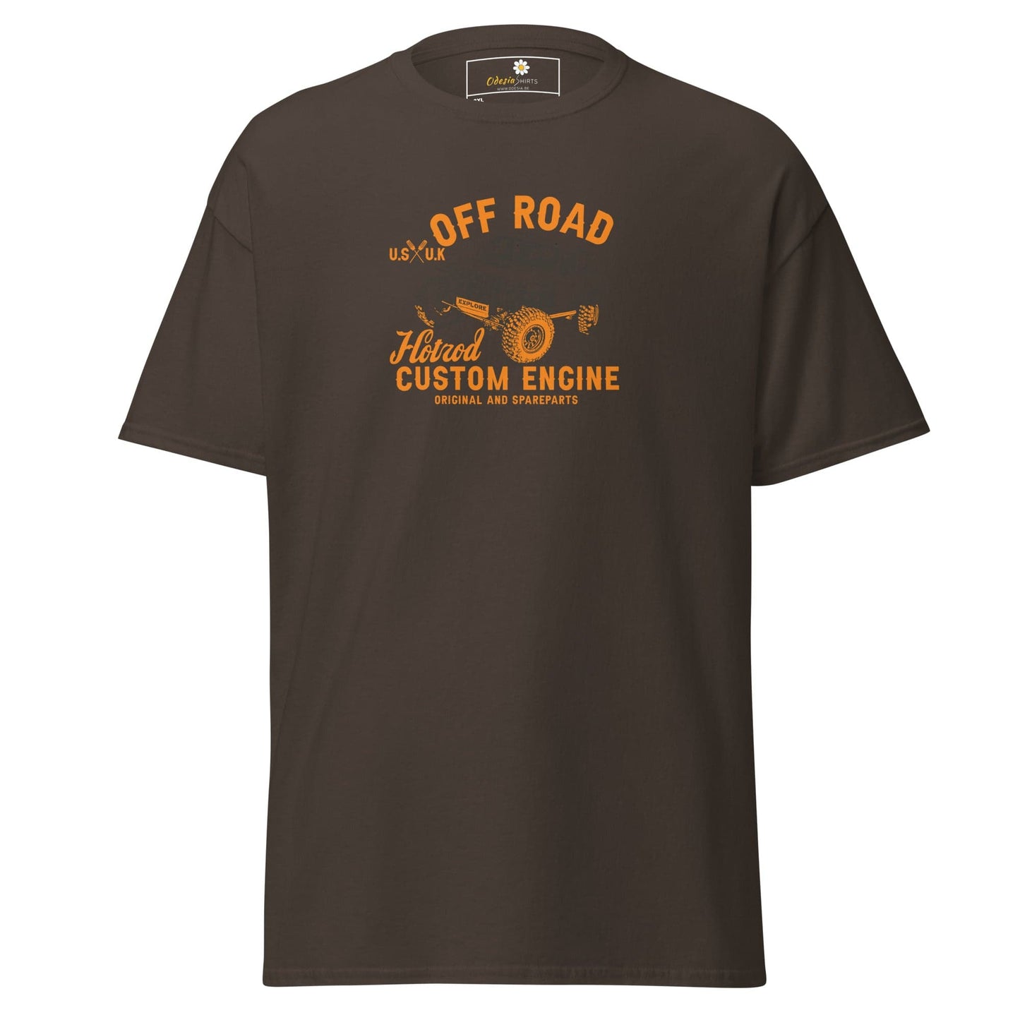 Brown t-shirt with orange graphic.