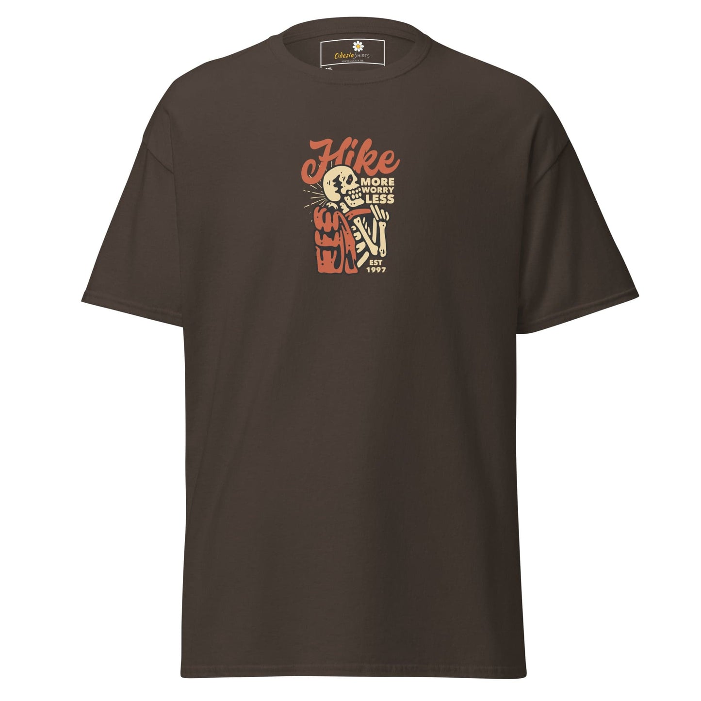 Brown t-shirt with skeleton graphic.