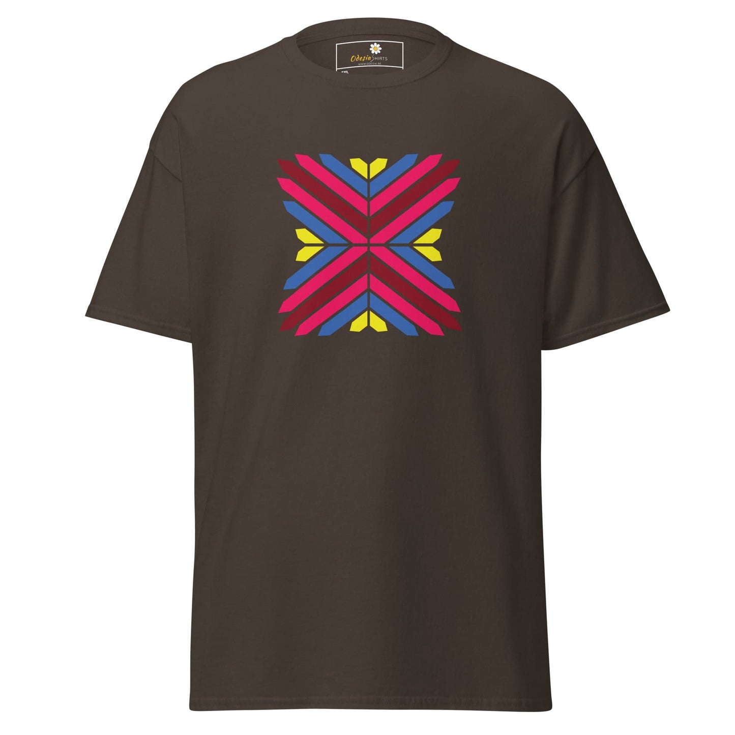 Brown T-shirt with colorful geometric design for men and women in sizes 2XL to 5XL