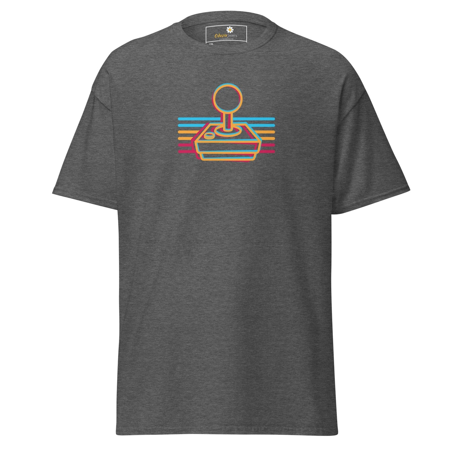 Gray t-shirt with retro joystick design.