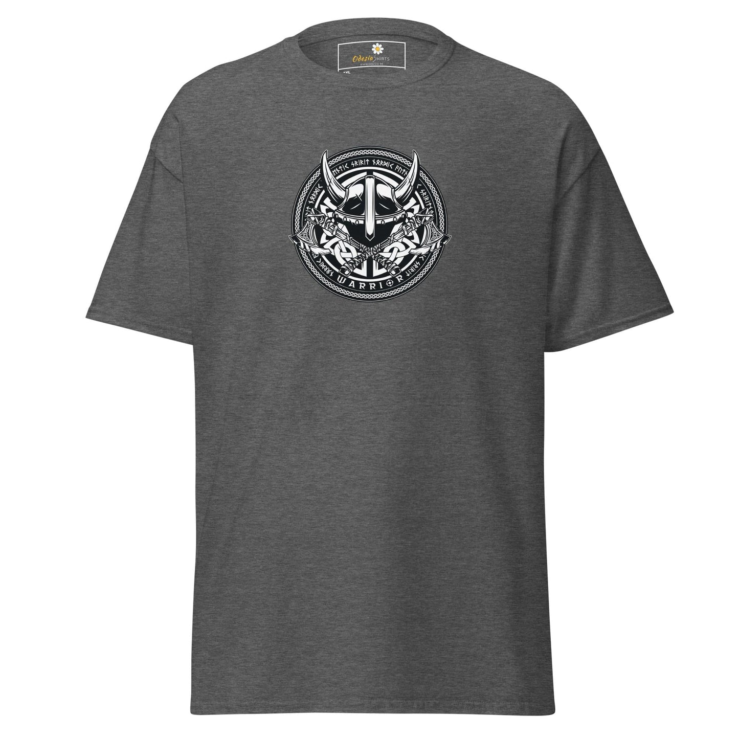 Gray t-shirt with Viking helmet graphic.