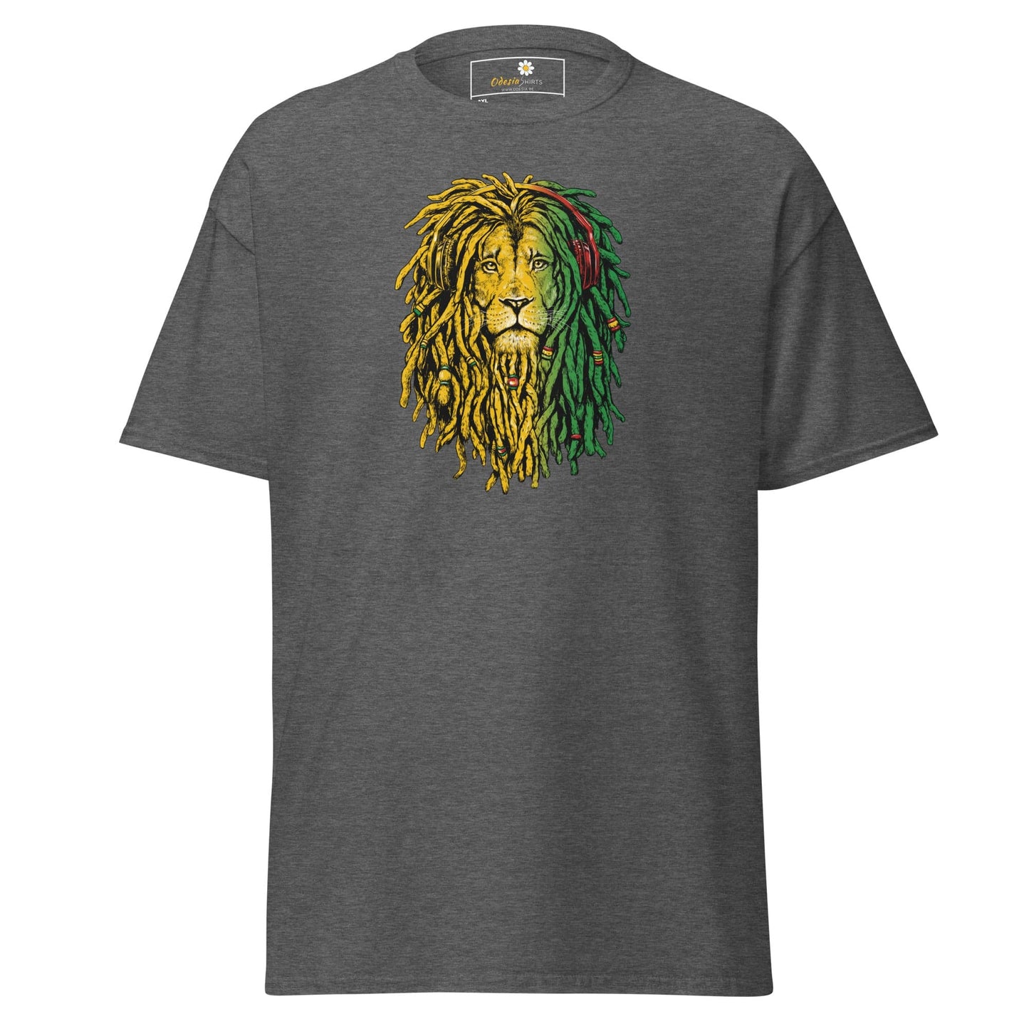 Gray t-shirt with lion graphic.