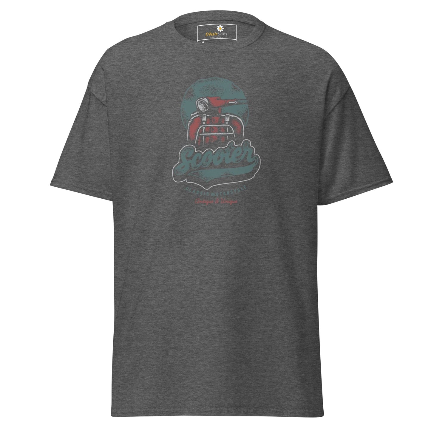 Gray t-shirt with scooter graphic.