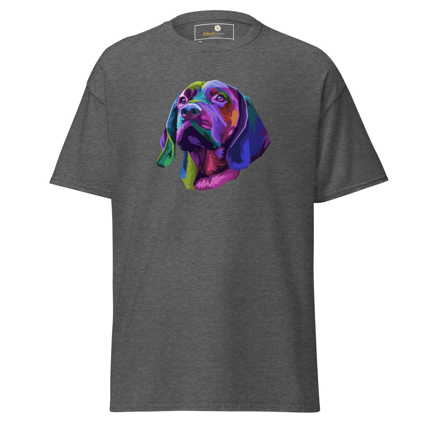 Gray T-shirt featuring a colorful dog graphic for men and women in 2XL to 5XL sizes