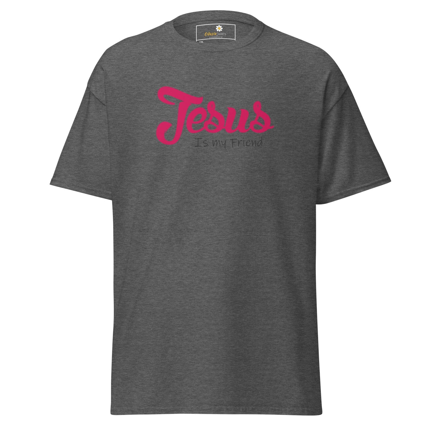 Gray t-shirt with pink text.