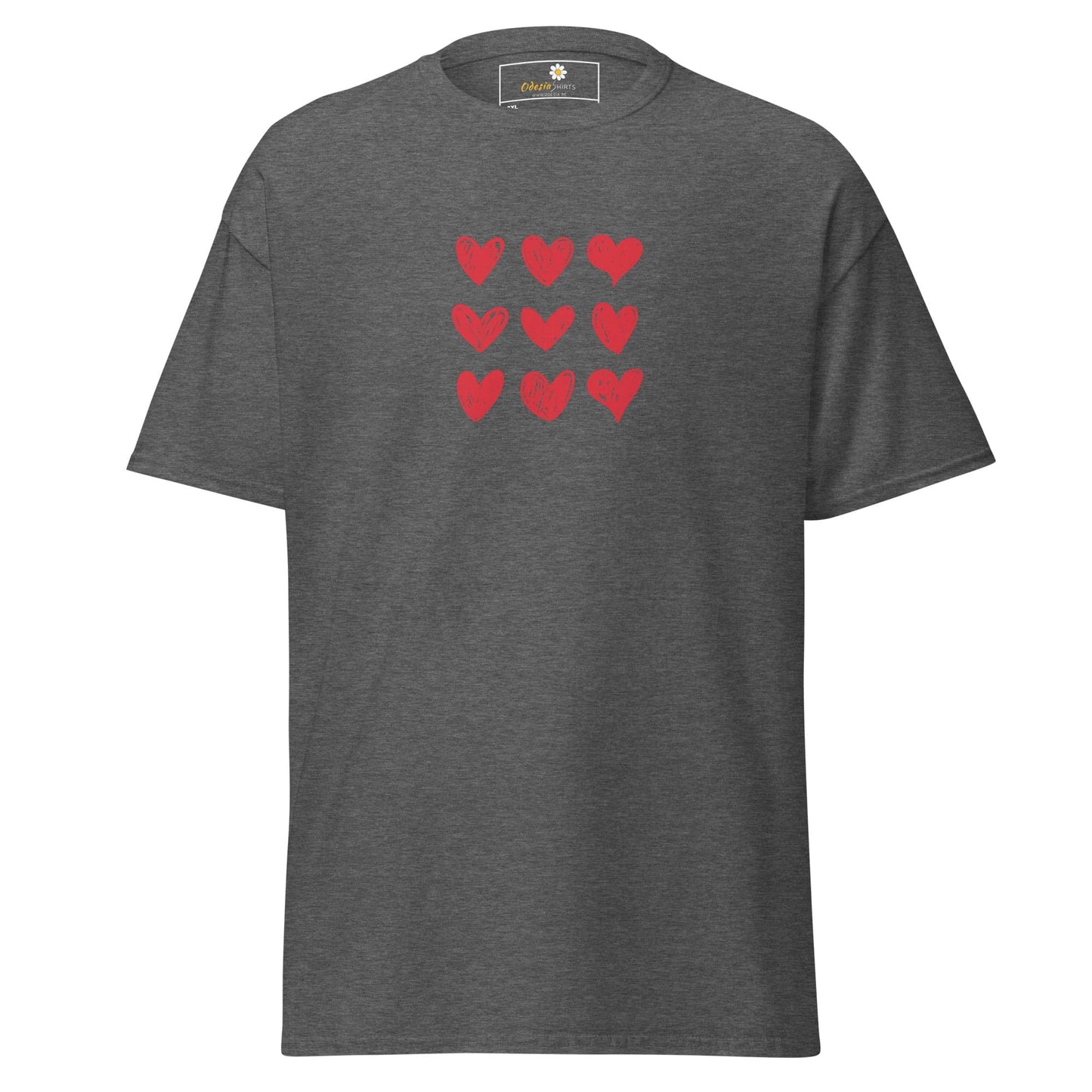 Gray t-shirt with red hearts.
