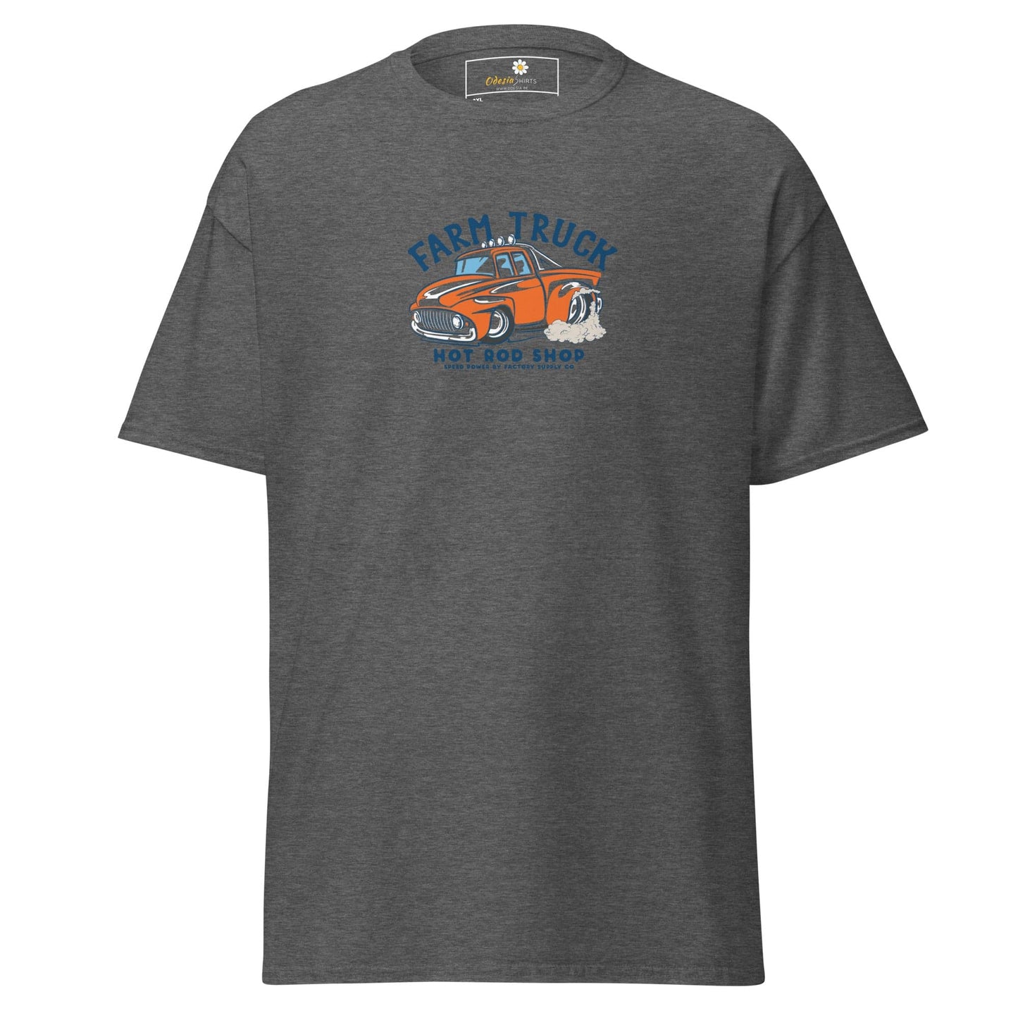 Gray t-shirt with truck graphic.