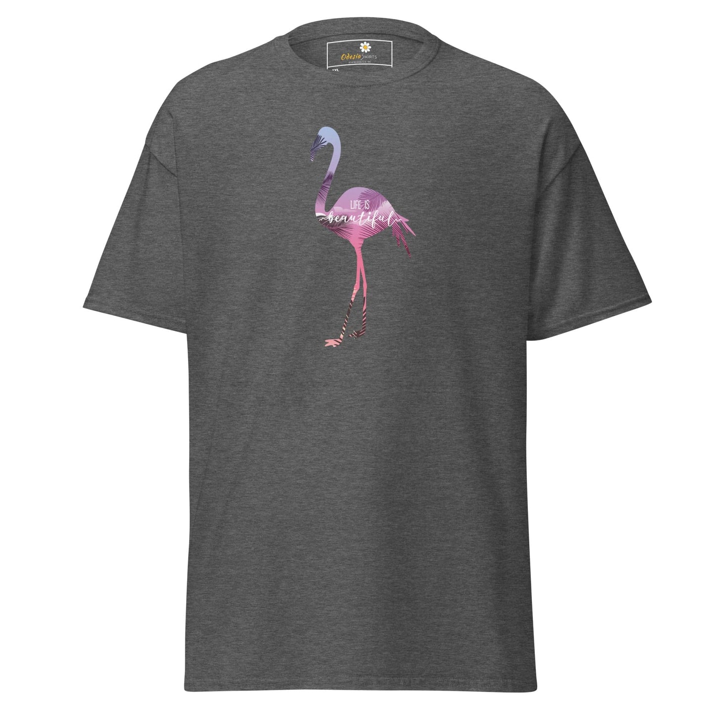 Gray T-shirt with flamingo design for men and women in sizes 2XL to 5XL
