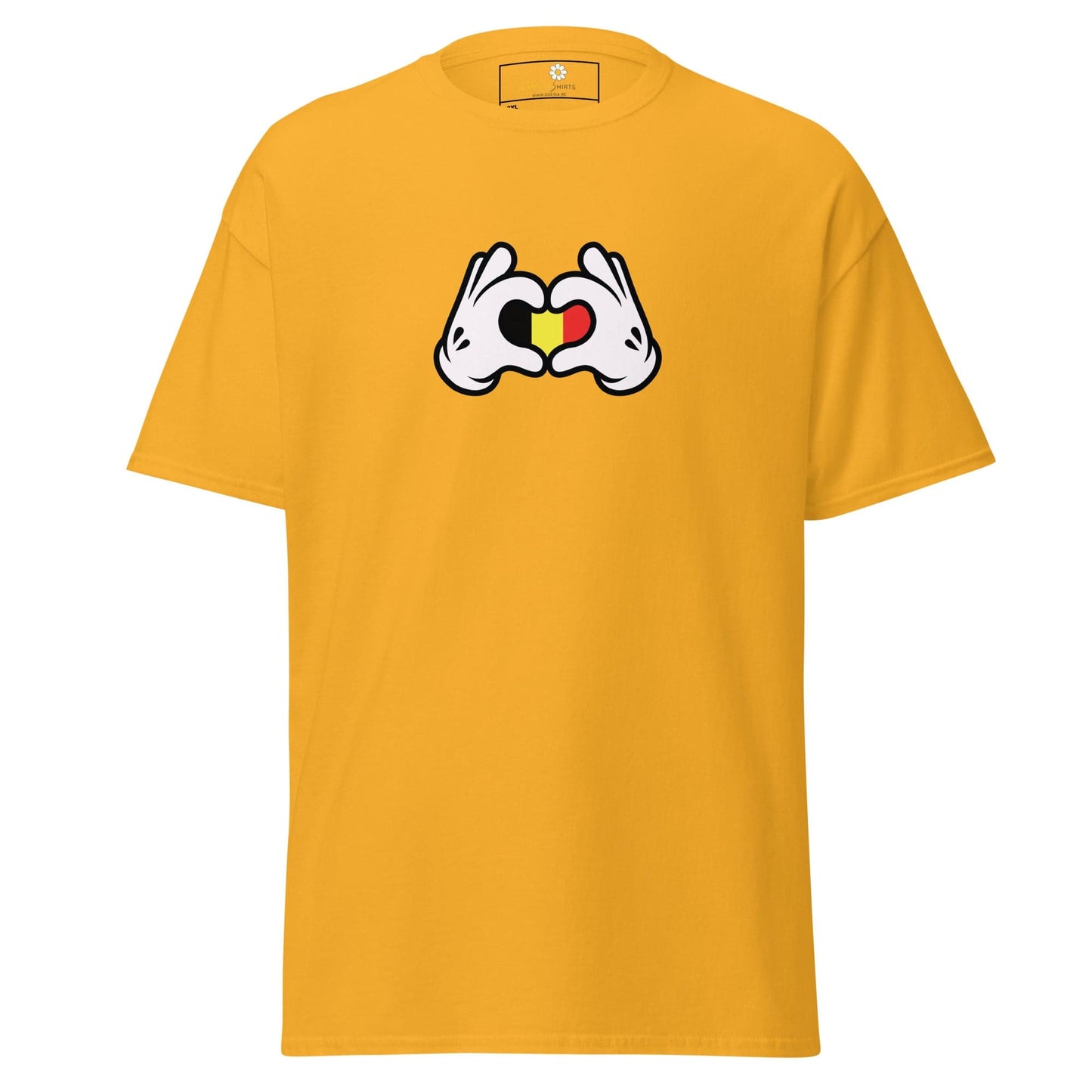 Yellow t-shirt with heart-shaped hands.