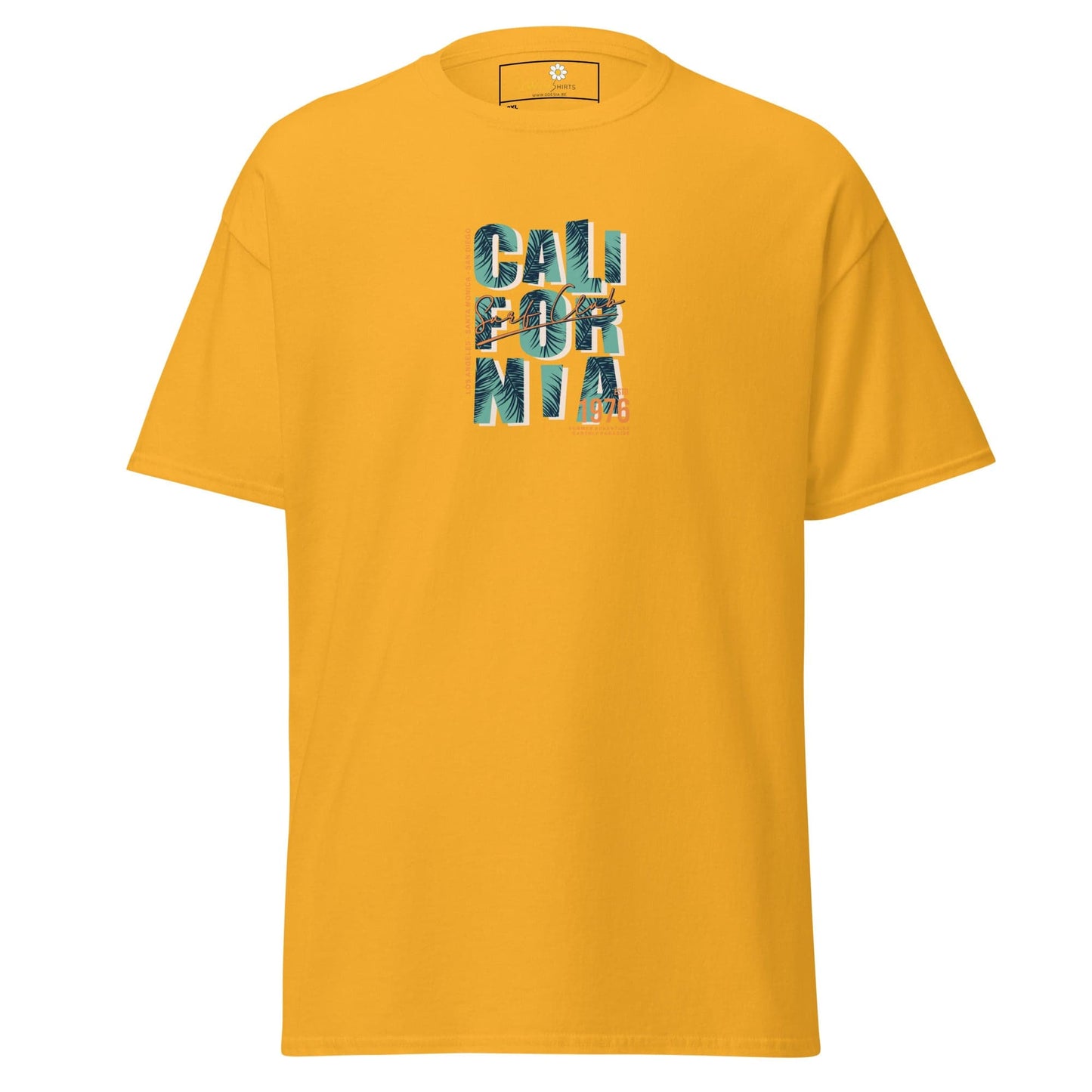 Mustard-colored t-shirt with ’California’ text.