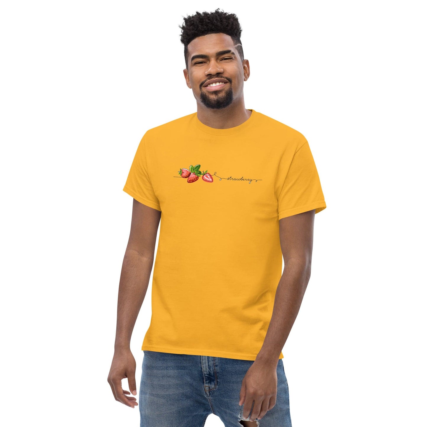 Yellow t-shirt with strawberry design.