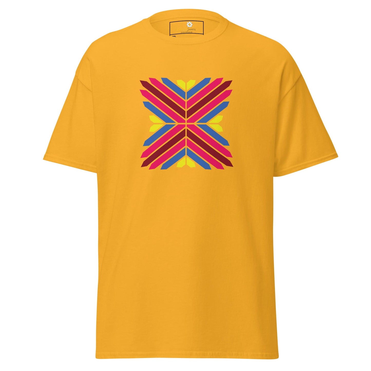 Mustard yellow t-shirt with colorful geometric design for Men and Women in 2XL to 5XL sizes