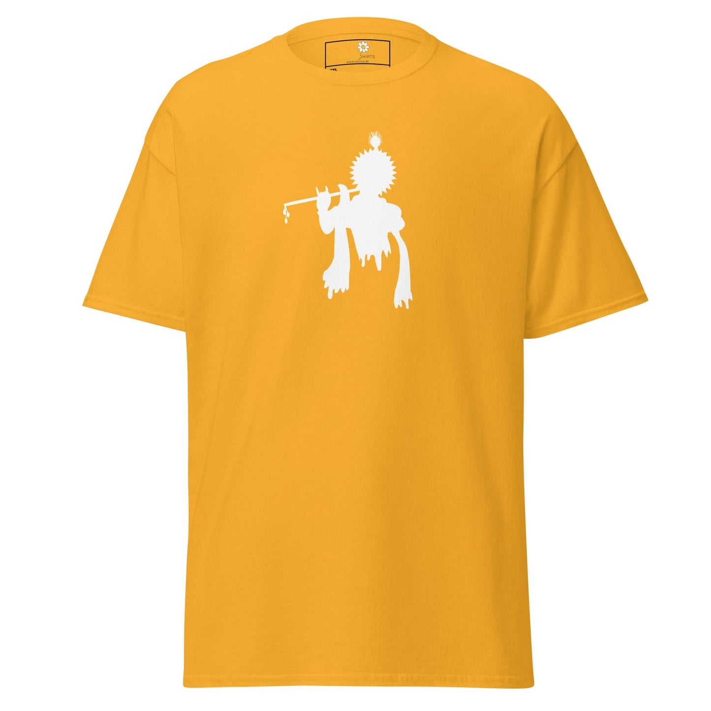 Mustard-colored T-shirt with white Krishna graphic for men and women in 2XL to 5XL sizes