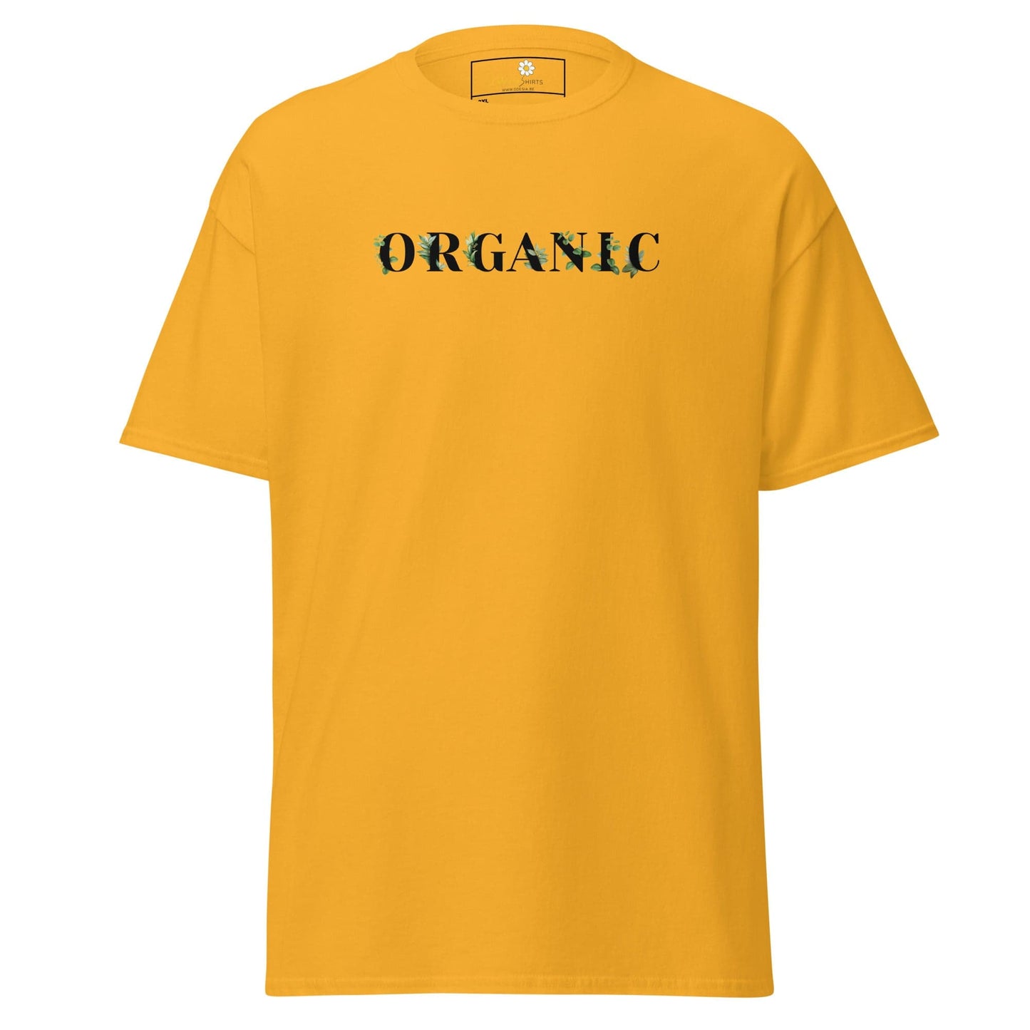 Yellow T-shirt with ORGANIC text from T-SHIRT DESIGN TEE for Men and Women in 2XL-5XL