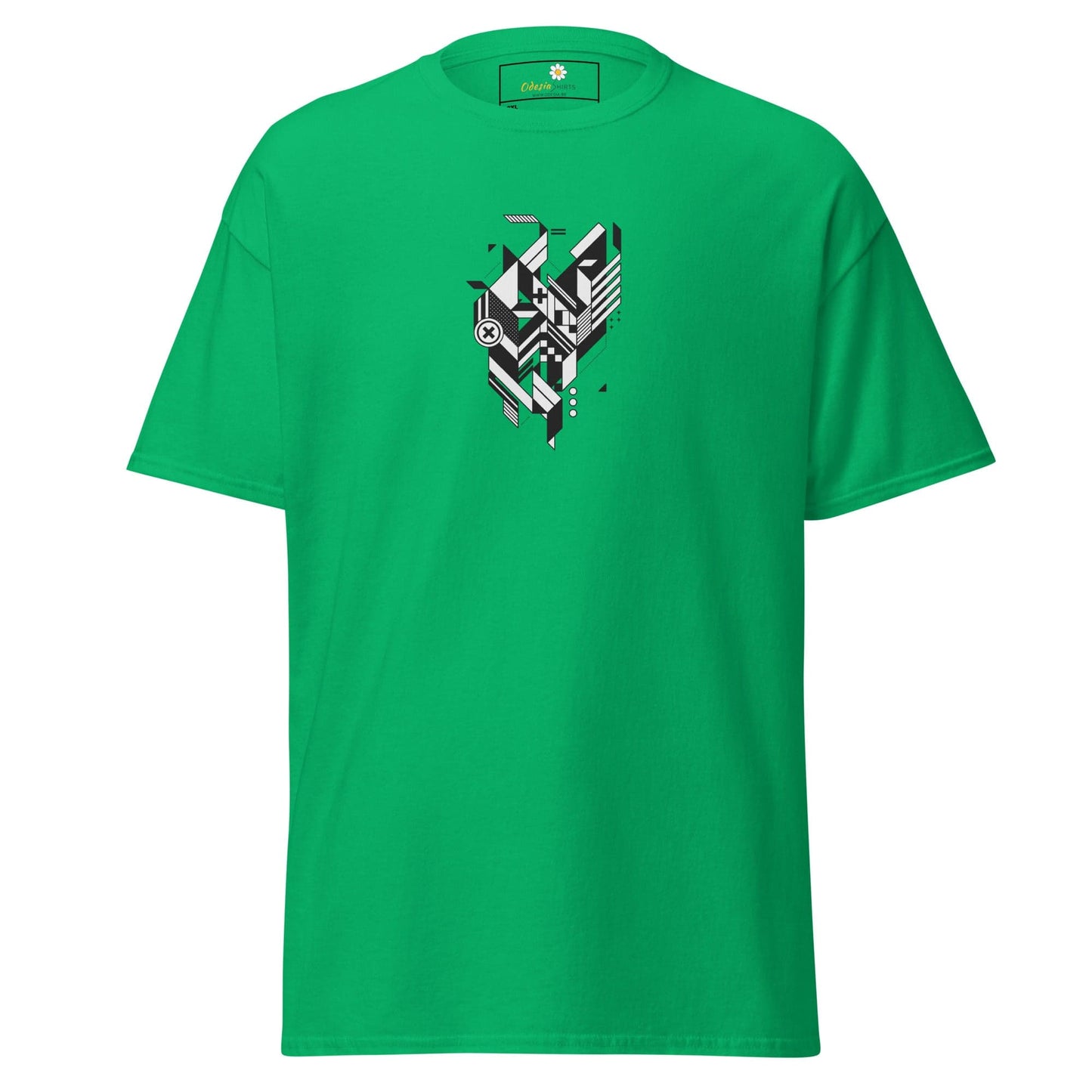 Green t-shirt with geometric design.