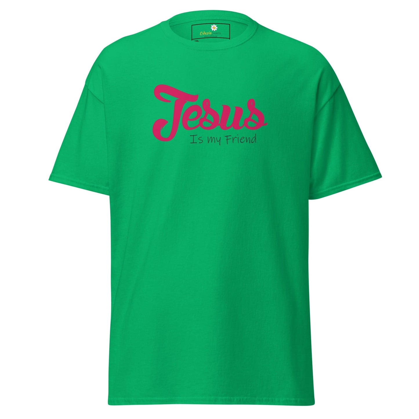 Green t-shirt with ’Jesus is my friend’ text.