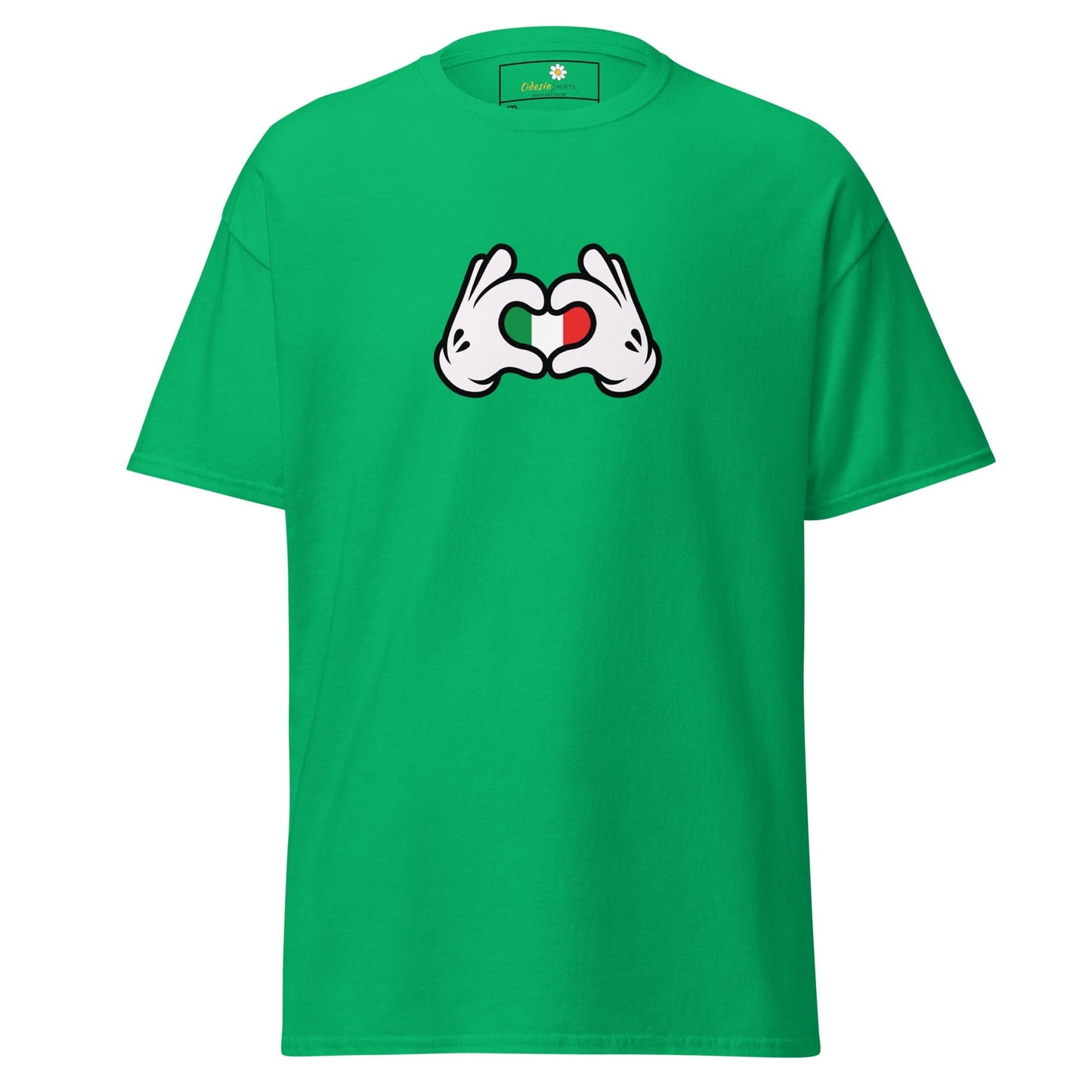 Green t-shirt with cartoon hands forming a heart with the Italian flag.