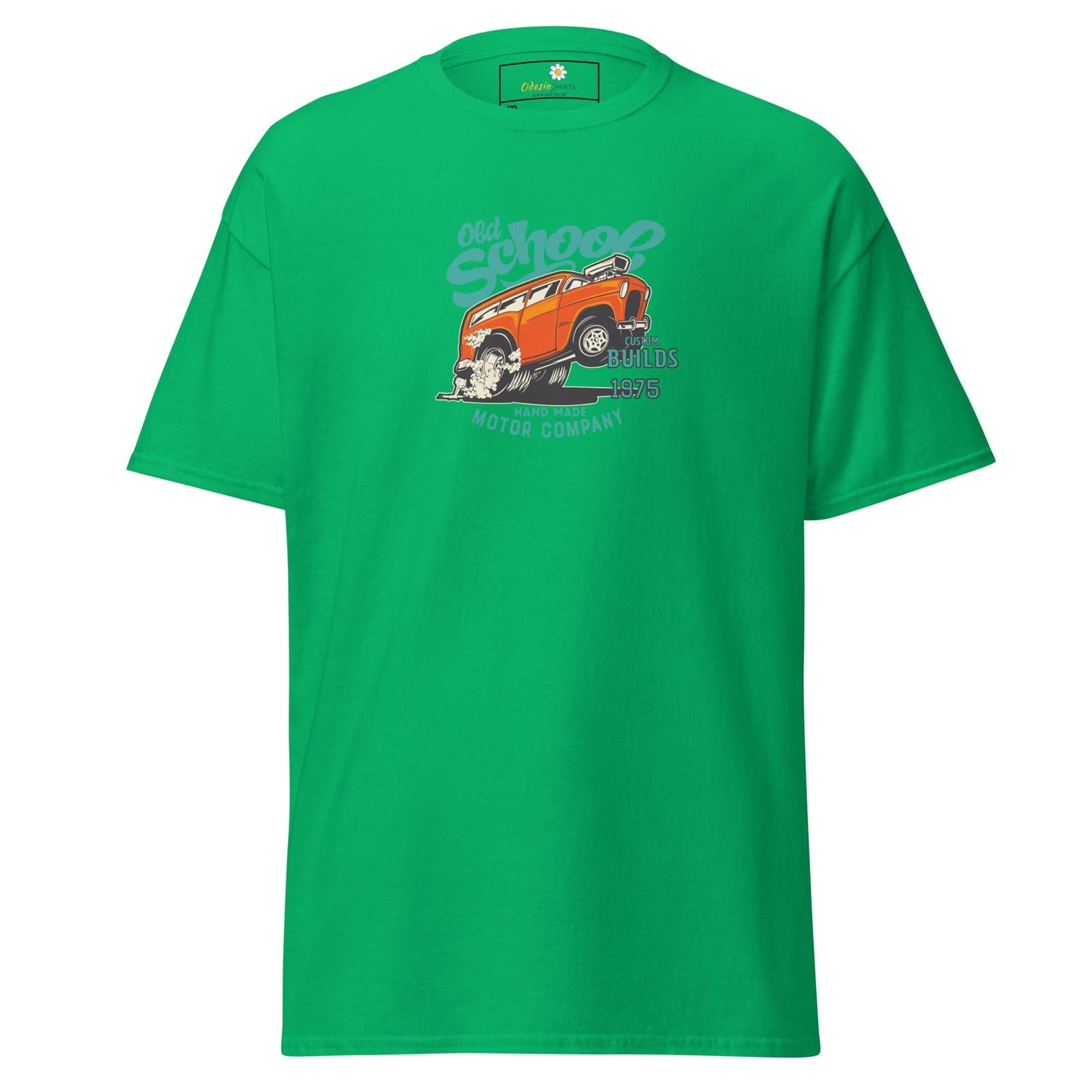 Green graphic t-shirt.