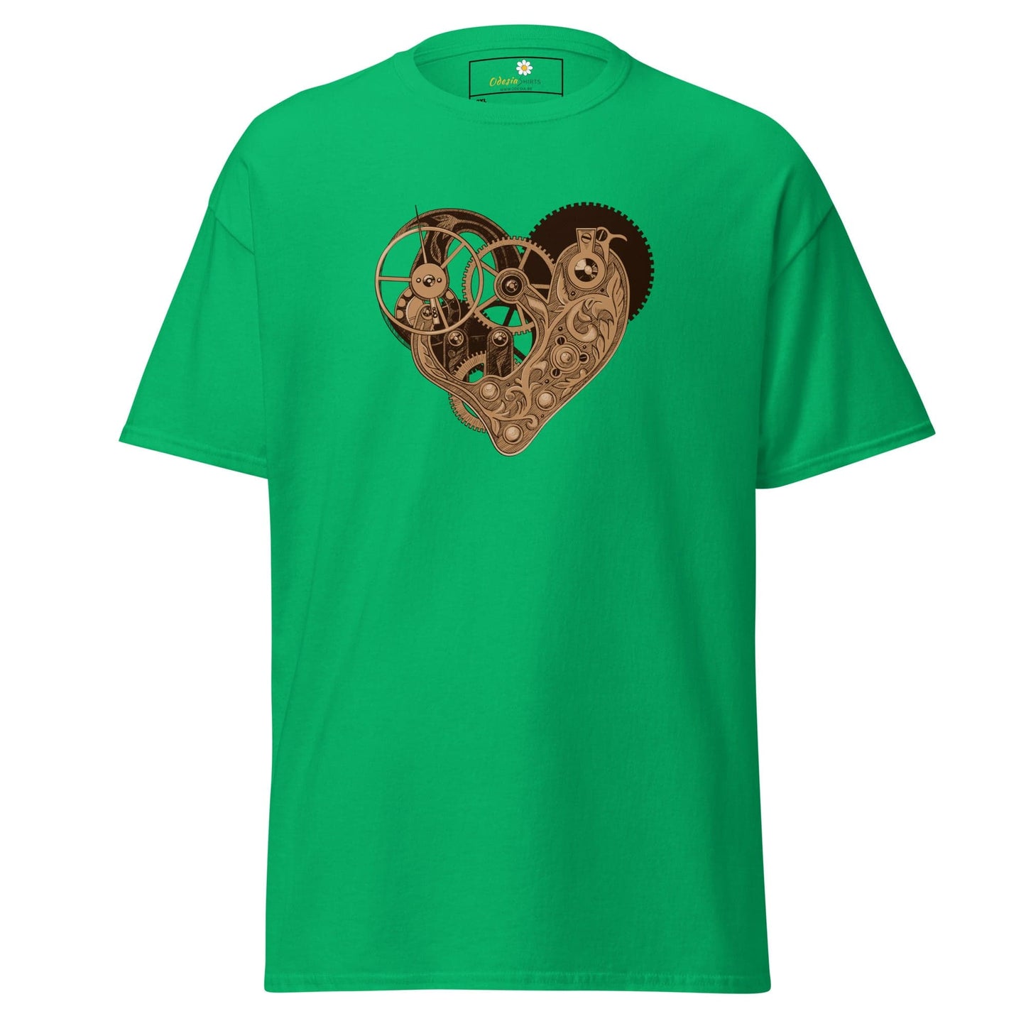 Green T-shirt with heart-shaped clockwork design, available in 2XL to 5XL for men and women