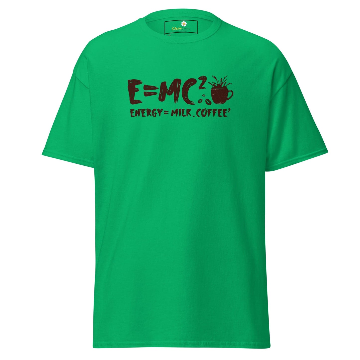 Green t-shirt with coffee equation graphic.