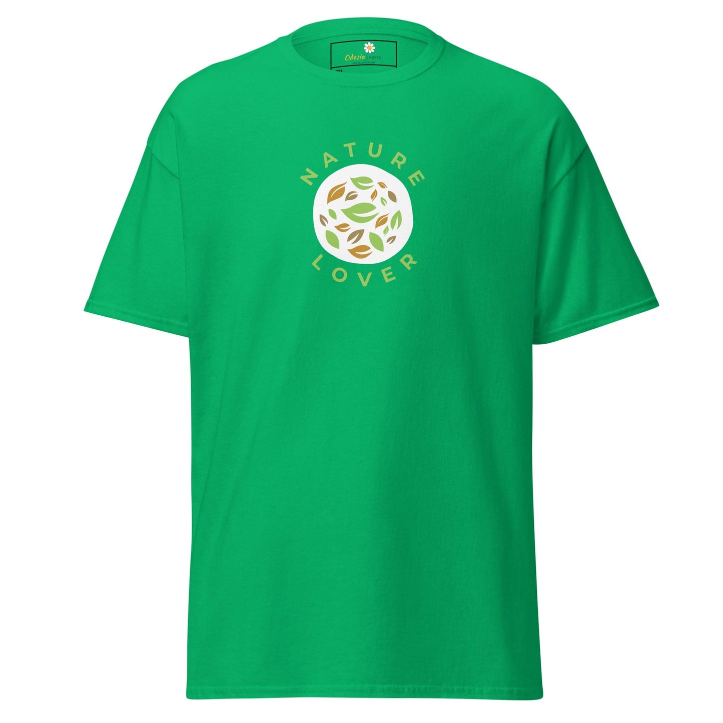 Green t-shirt with nature-themed graphic.