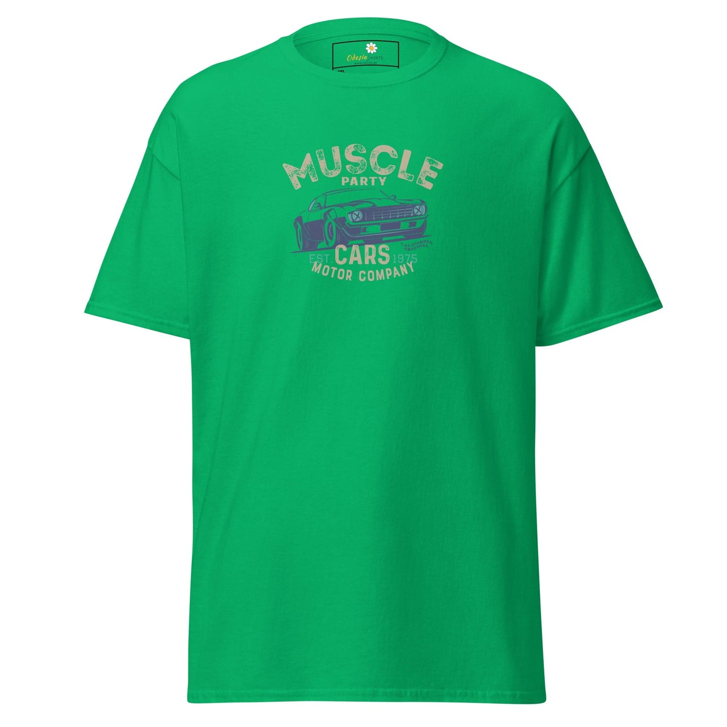 Green t-shirt with car graphic.