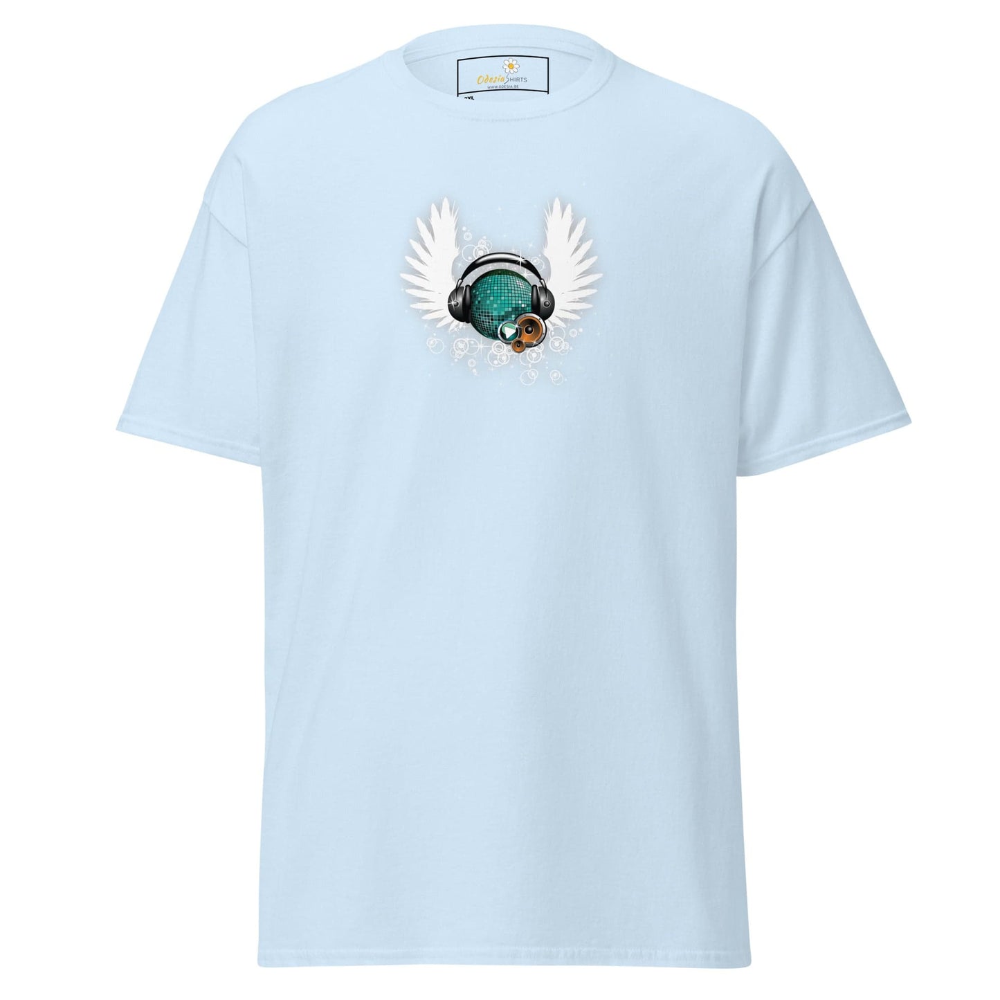 Light blue T-shirt with graphic design for men and women available in 2XL to 5XL