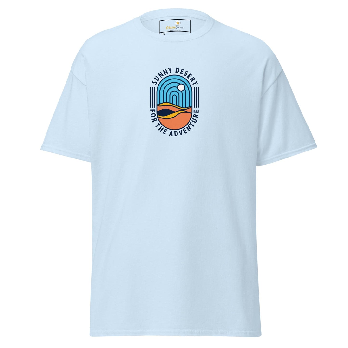 Light blue T-shirt with desert graphic for men and women in sizes 2XL to 5XL