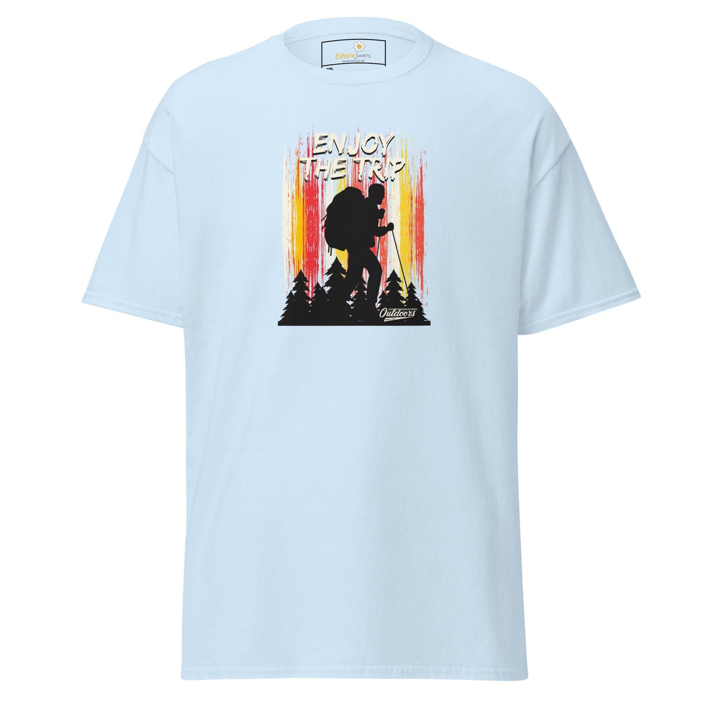 Light blue t-shirt with hiker graphic.
