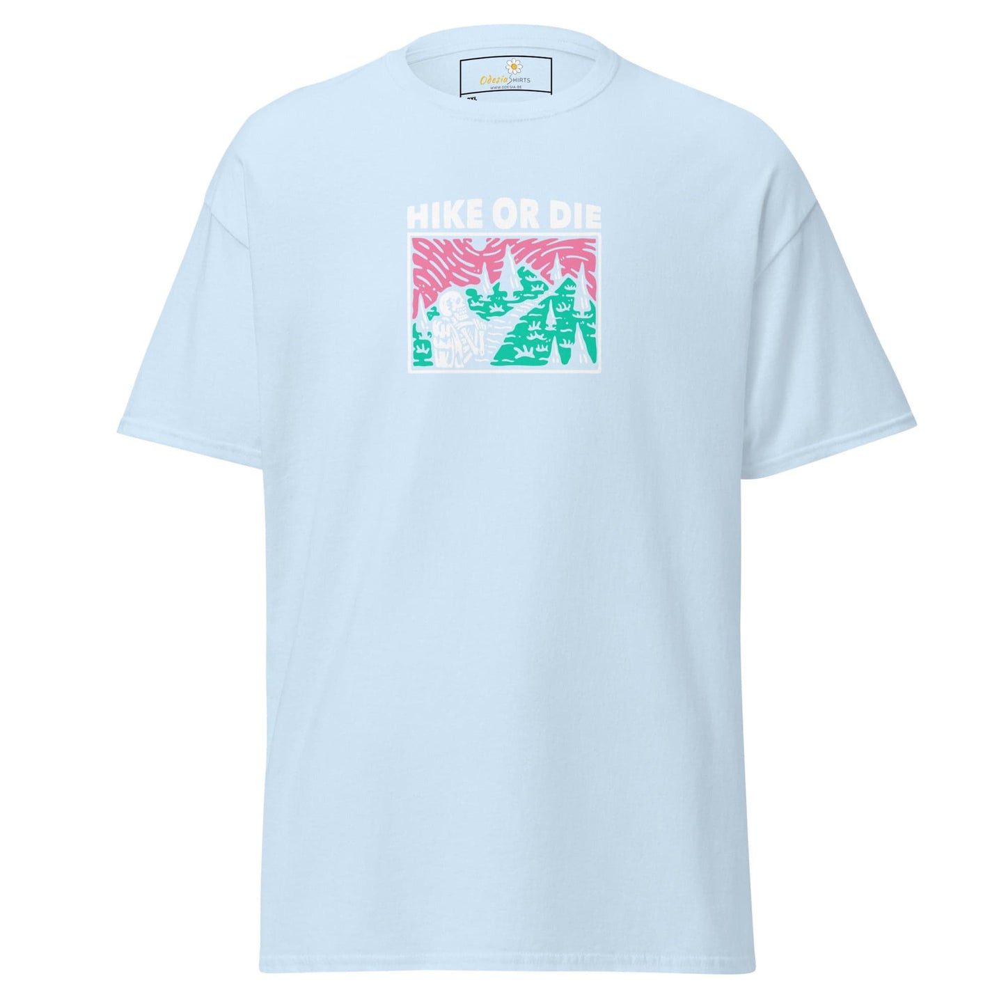 Light blue t-shirt with graphic.