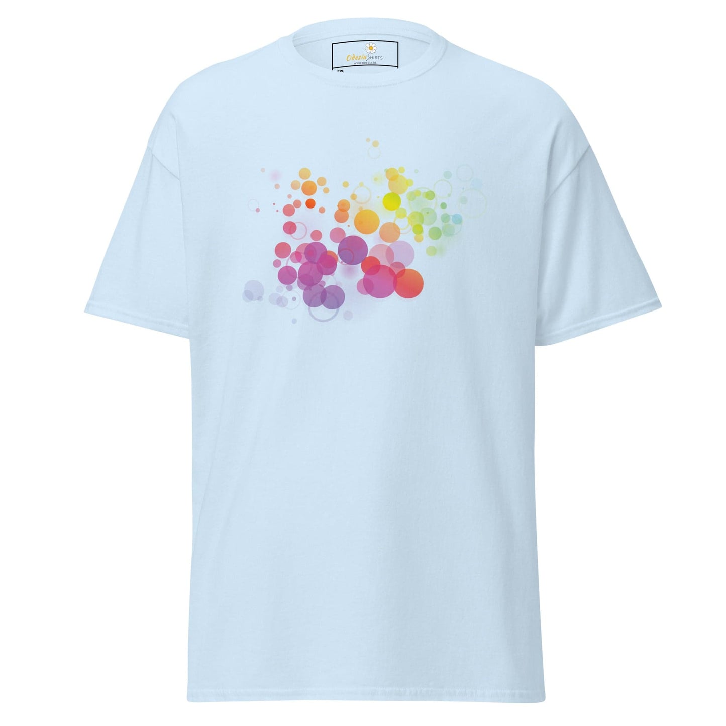 Light blue T-shirt with colorful bubble design for Men and Women in 2XL-5XL sizes