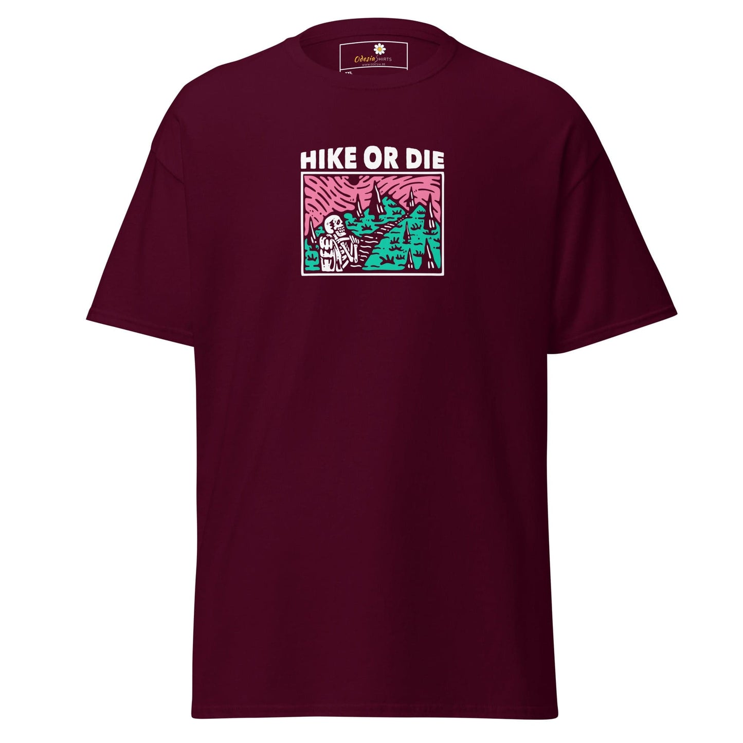 Maroon t-shirt with graphic.