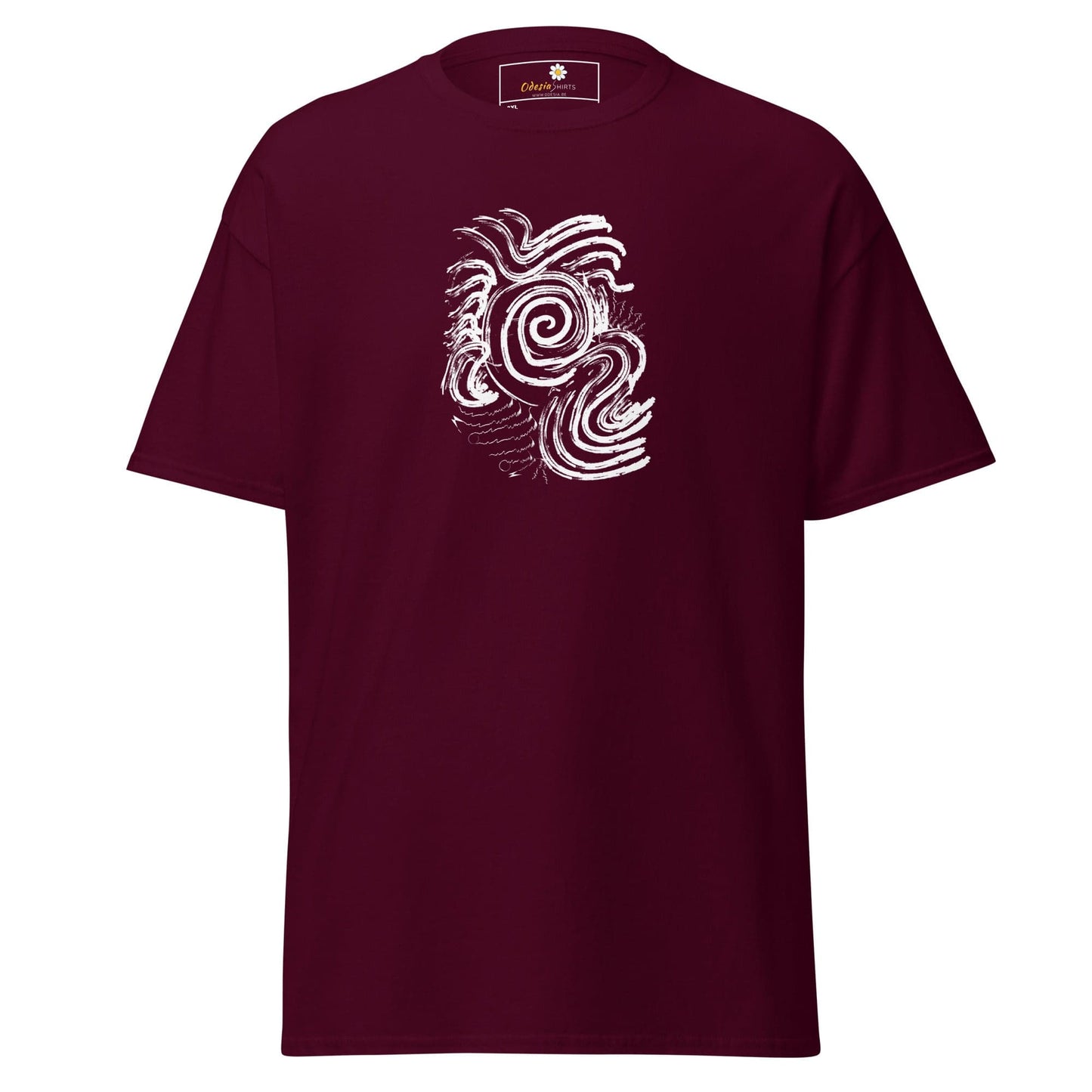 Maroon T-shirt with white abstract design for men and women in 2XL to 5XL sizes