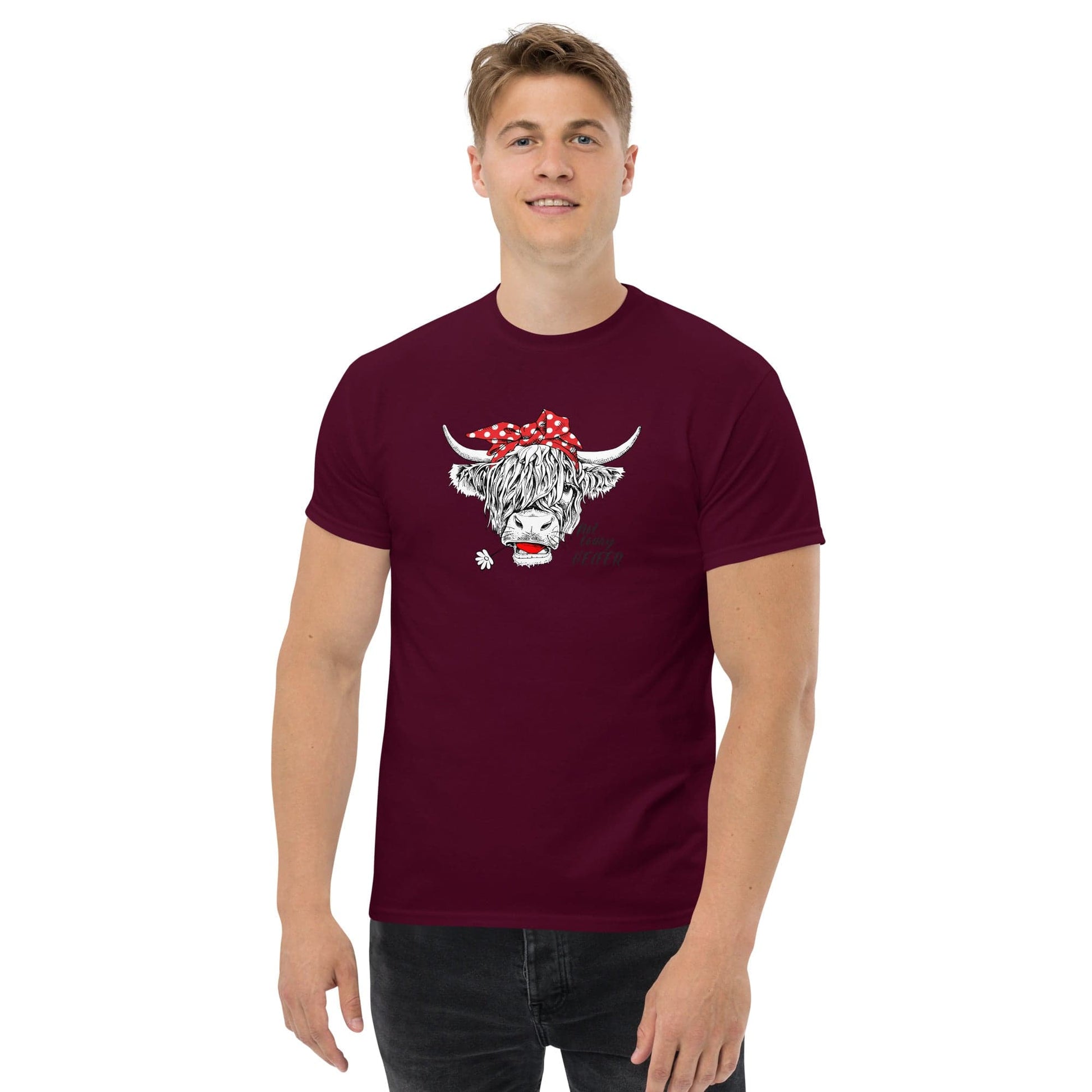 Maroon t-shirt with cow graphic.