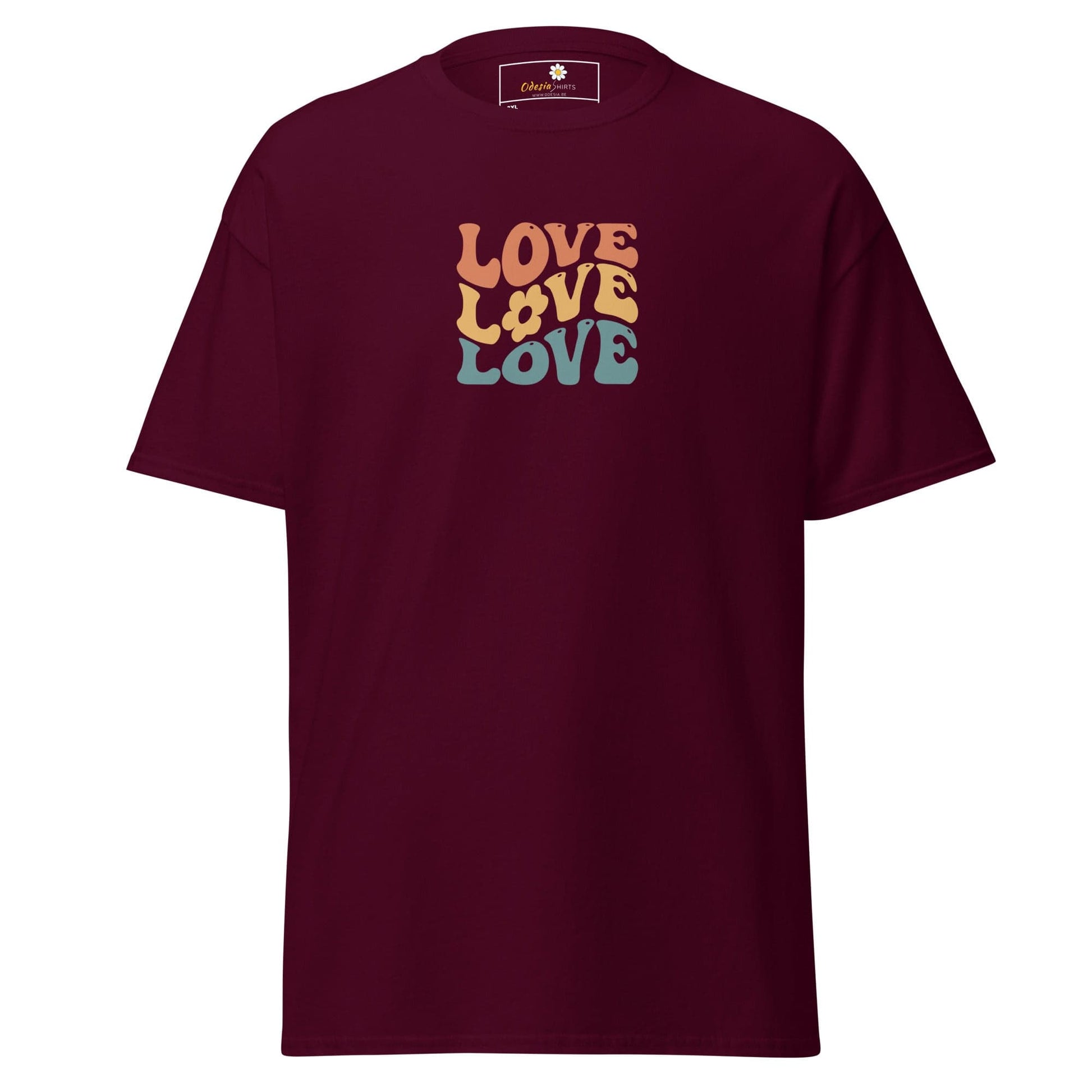Maroon t-shirt with ’love’ graphic.