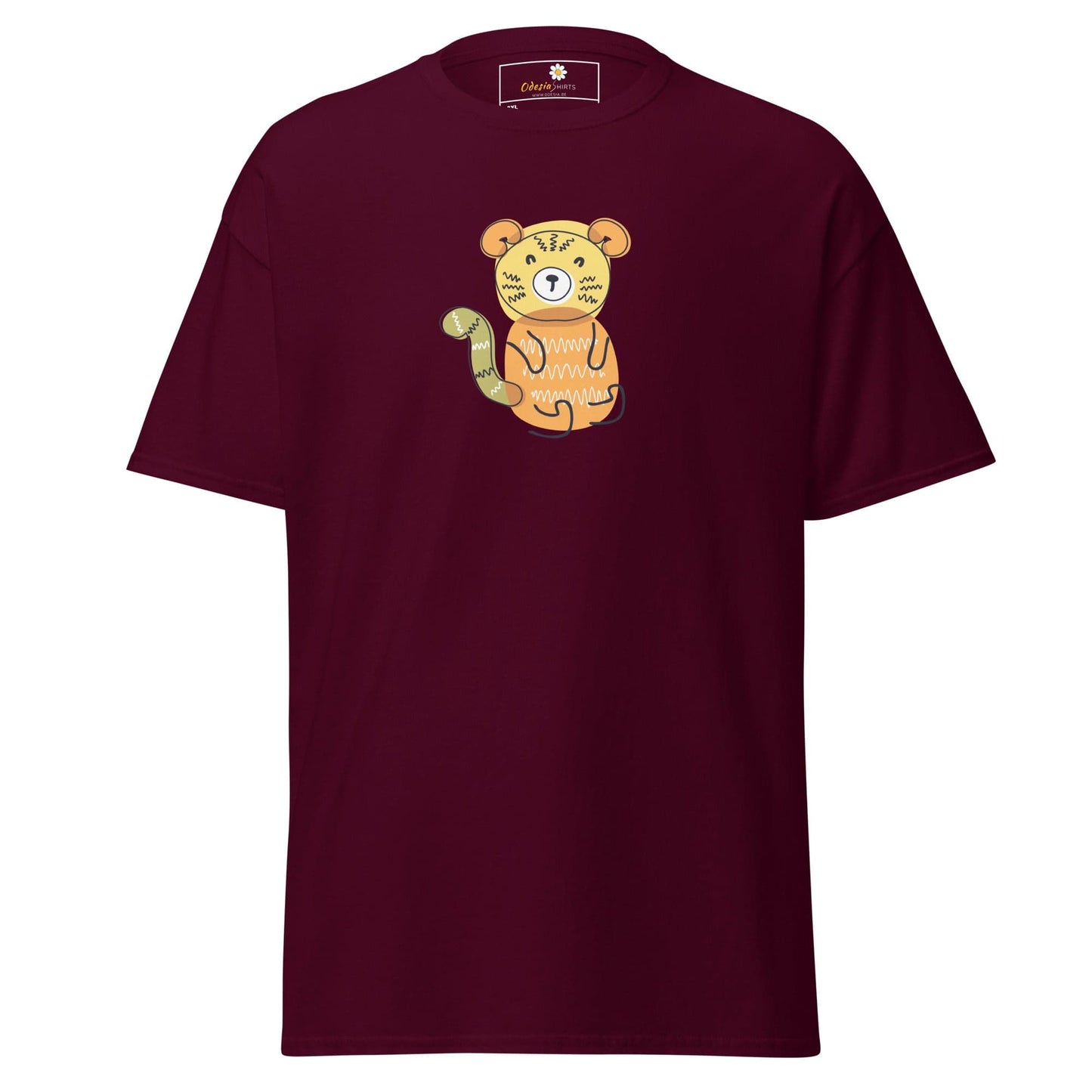 Maroon T-shirt with cartoon tiger design for men and women in sizes 2XL to 5XL