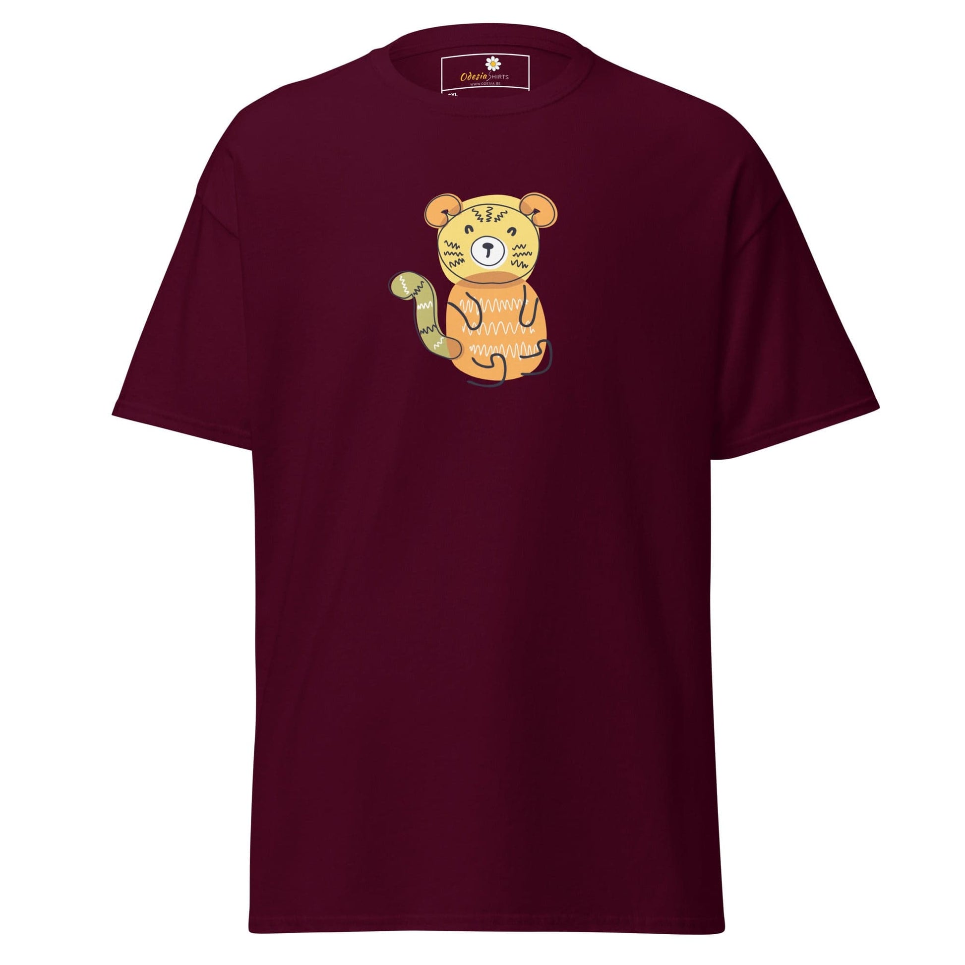 Maroon T-shirt with cartoon tiger design for men and women in sizes 2XL to 5XL