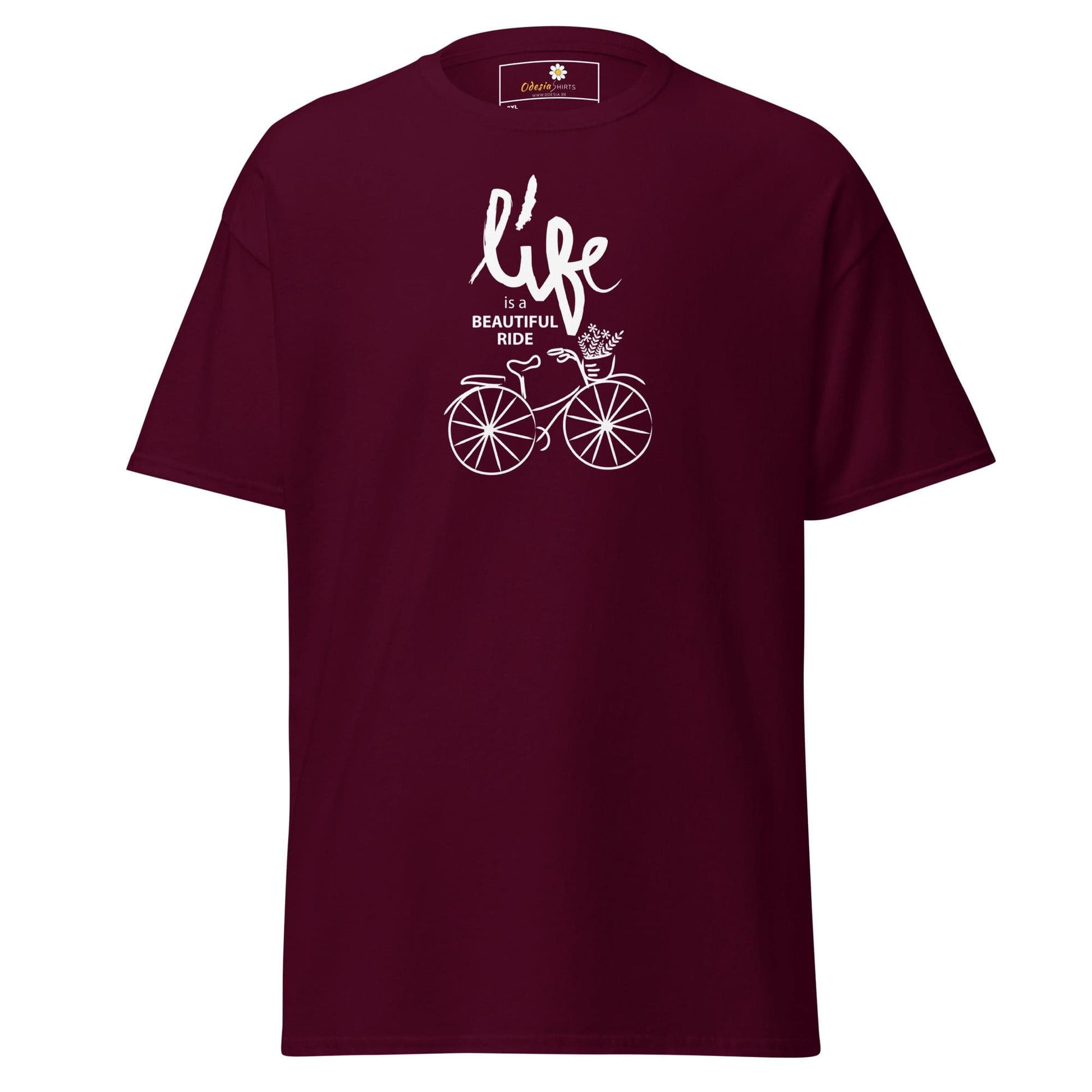 Maroon T-shirt with bicycle graphic from T-SHIRT DESIGN TEE for Men and Women sizes 2XL-5XL