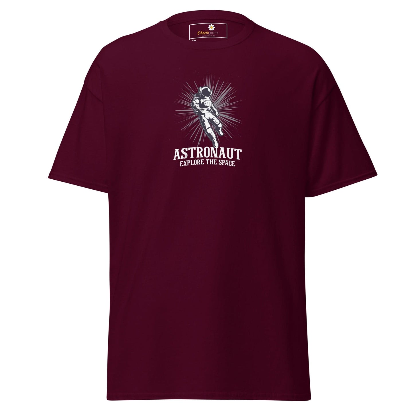 Maroon T-shirt with astronaut graphic for men and women in sizes 2XL to 5XL